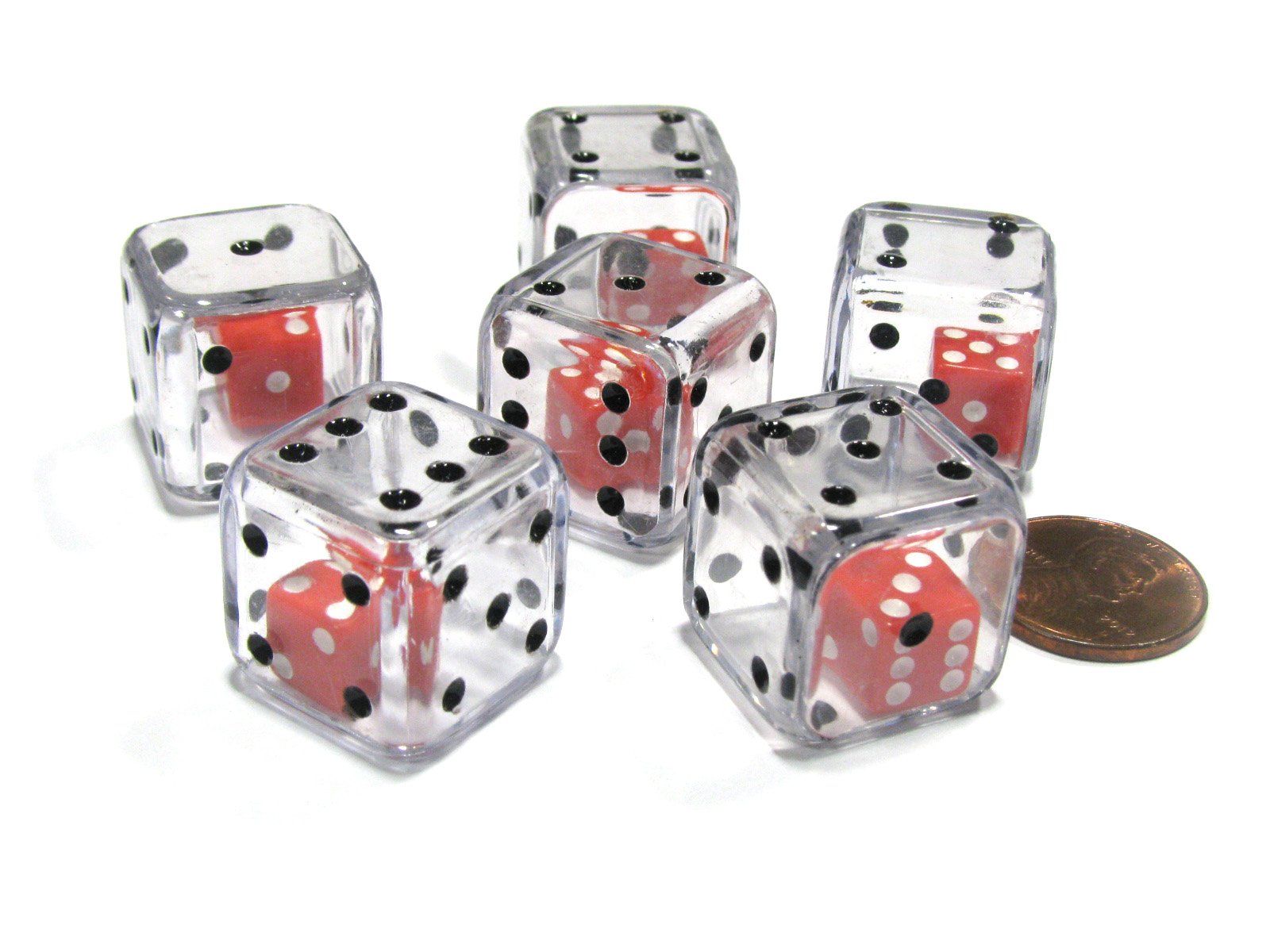 Set of 6 D6 19mm Double Dice - 2-in-1 Red Inside Clear Dice by Koplow Games | Perfect for Board Games, RPGs, Dungeons & Dragons, and Tabletop Gaming