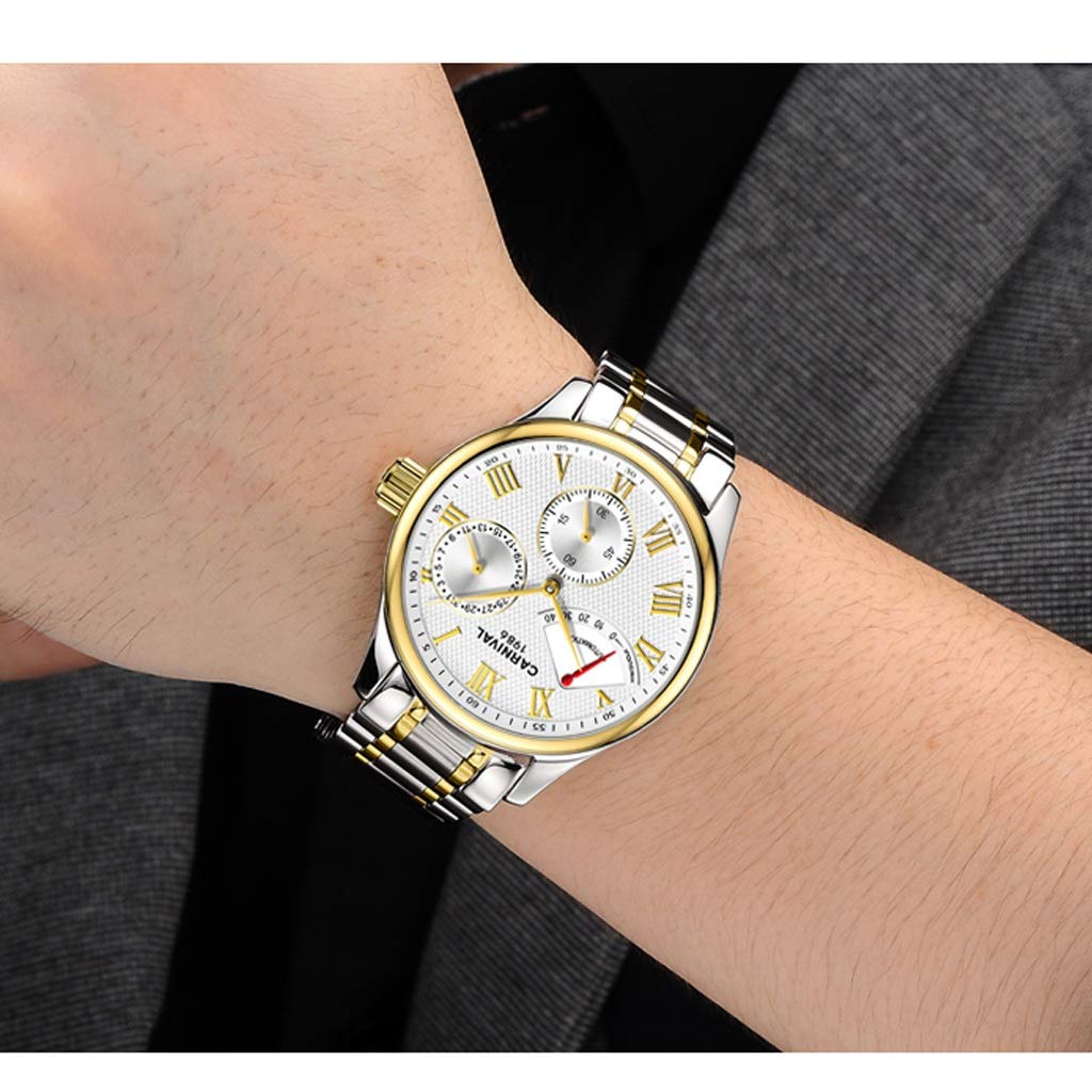 DLT Classic Automatic Mechanical Men's Watch - Waterproof Stainless Steel Two-Tone Band with Bow Fold-Over Clasp - Minimalist Gold Case & White Dial - Perfect for Business, Casual & Formal Occasions