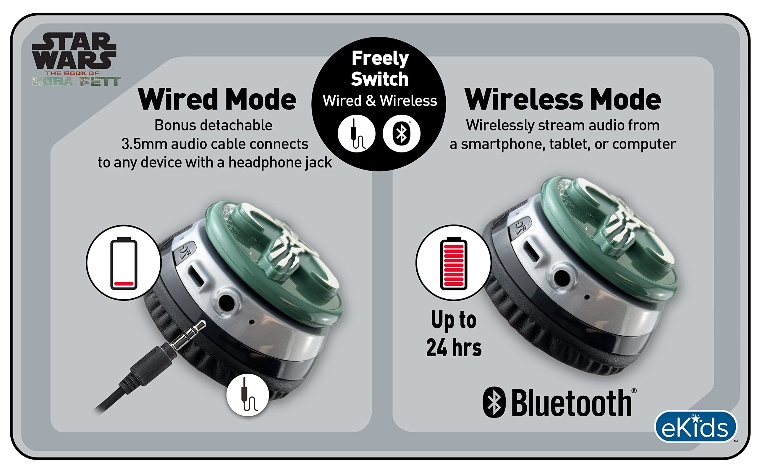 eKids Book of Boba Fett Bluetooth Headphones for Kids - Wireless Over-Ear Headset with Built-in Mic & AUX Cable - Lightweight Comfort for School, Home, Travel - Perfect for Online Classes, Gaming & Movie Watching
