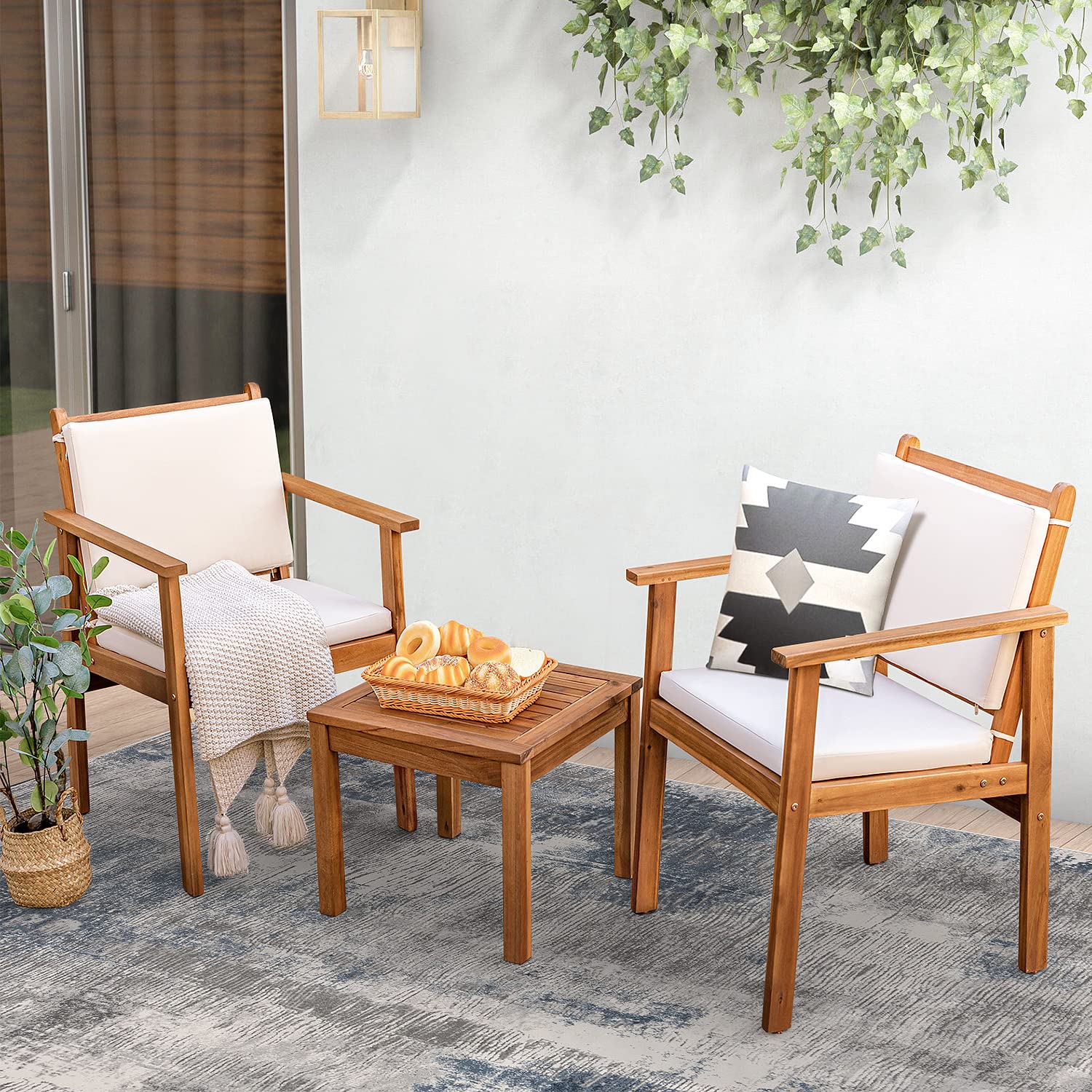 Greesum 3-Piece White Bistro Patio Furniture Set - Outdoor Chat Chairs with Waterproof Cushions & Coffee Table - Perfect for Beach, Backyard, Garden, and Poolside Relaxation