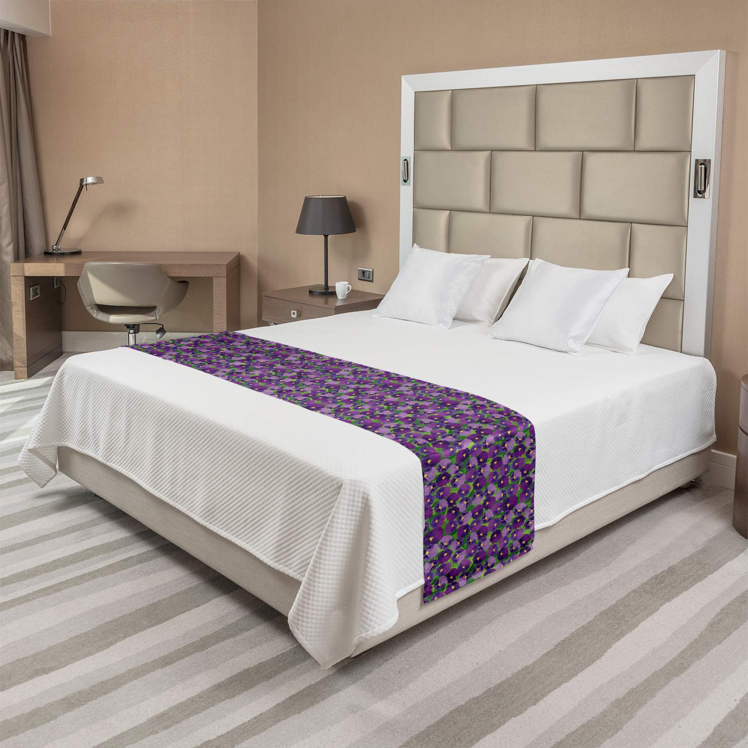 Ambesonne Botanical Bed Runner - Green Field with Blooming Pansy Flowers Floral Garden Bedding Scarf for Home, Hotel & Guest Room Decor | Perfect for Spring Bedding Refresh & Boho Chic Home Styling