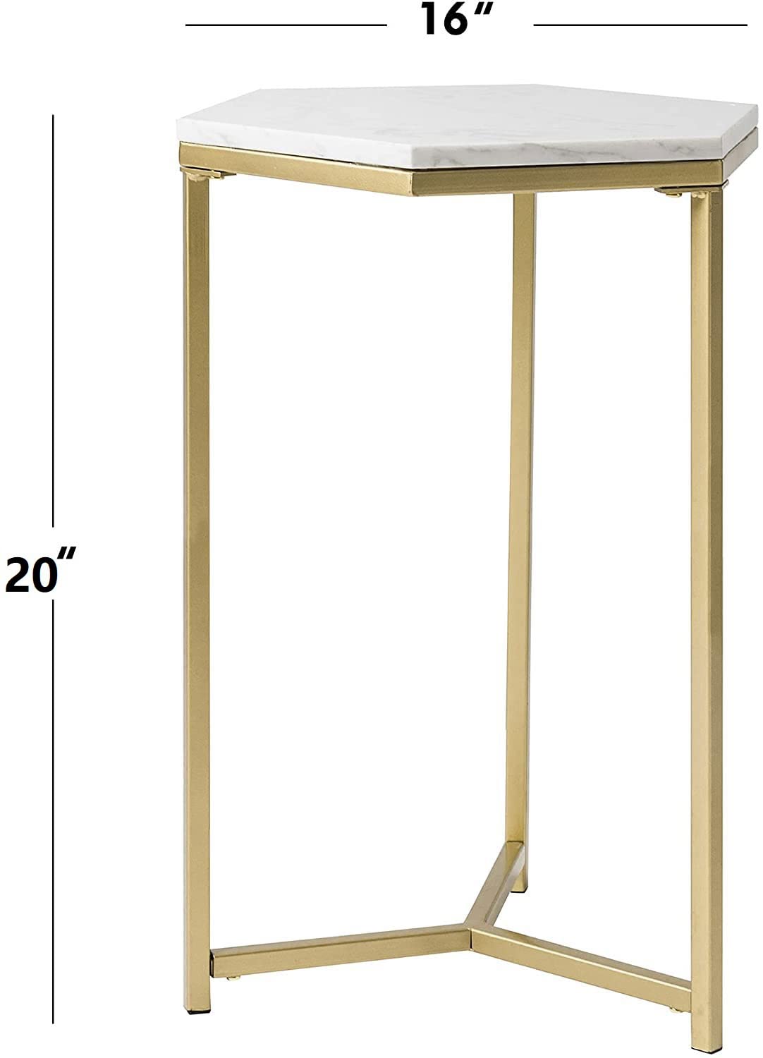 Hexagon Side Table with Gold Accent & Faux Marble Top - White Nightstand for Living Room, Bedroom or Home Office - Small Space End Table (16