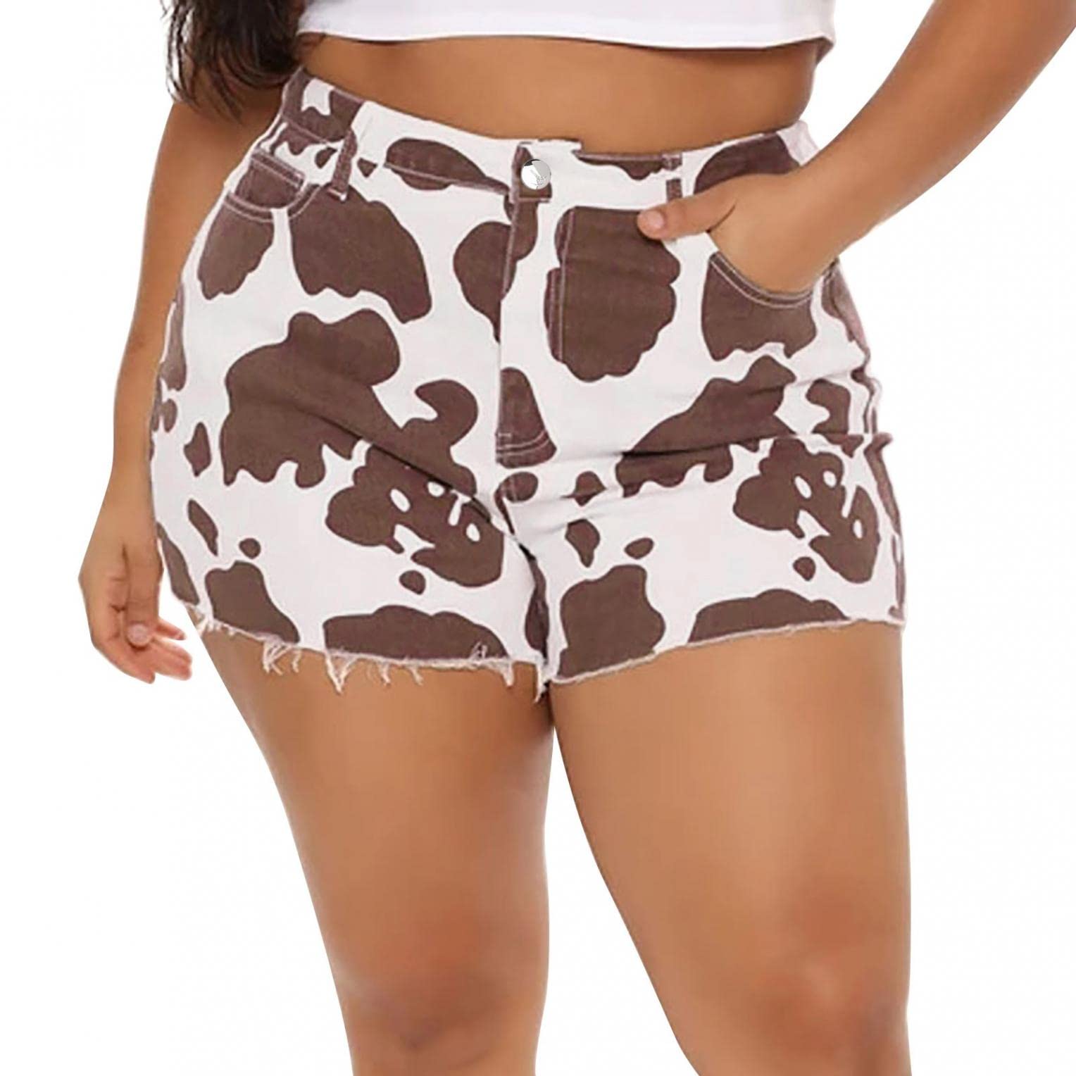 Cute Women's Cow Print Denim Shorts with Pockets & Zipper - Slim Fit Jean Shorts for Summer | Perfect for Casual Outings, Beach Trips & Street Style