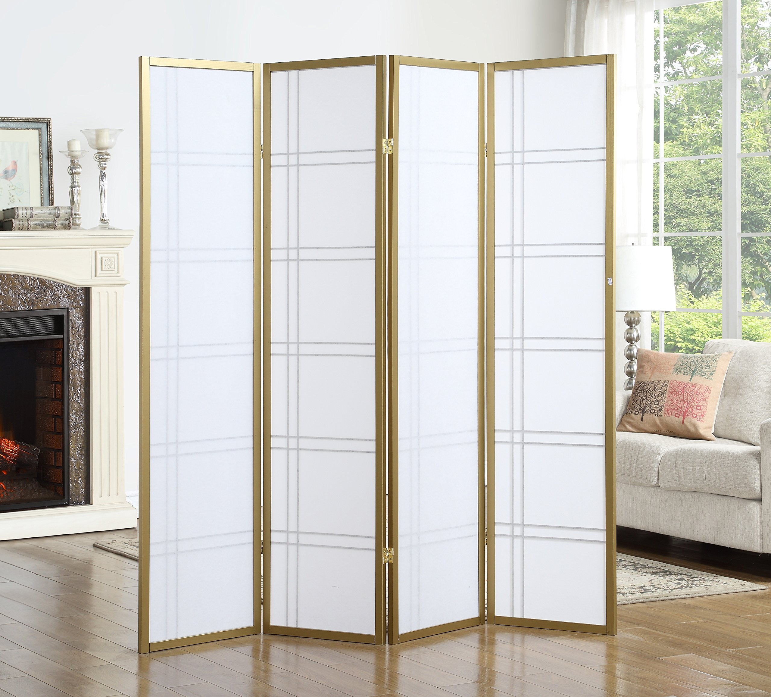 Roundhill Furniture Seto 4-Panel Golden Room Divider Screen - Elegant Folding Privacy Partition for Living Room, Bedroom, Office & Studio Decor