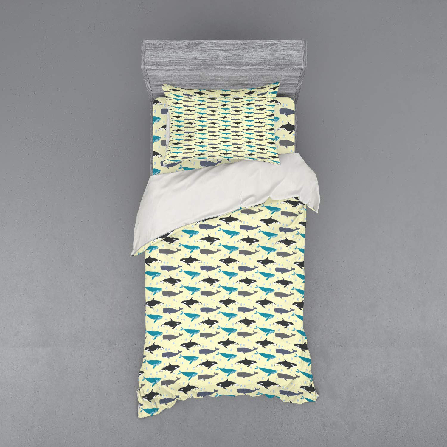 Ambesonne Whale Duvet Cover Set - 3 Piece Twin XL Bedding with Sham & Fitted Sheet, Colorful Underwater Ocean Wildlife Theme Featuring Swimming Mammals on Yellow Backdrop | Perfect for Kids' Rooms, Beach Themed Decor & Marine Life Enthusiasts