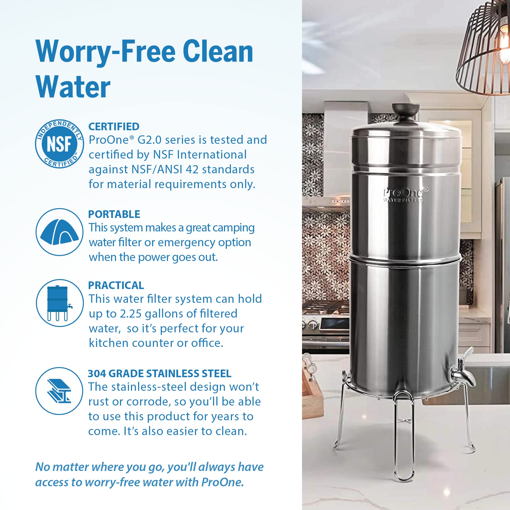 ProOne Traveler+ Stainless Steel Gravity Water Filter System - 2.25 Gallon Countertop Water Dispenser with 2 Filters & Wire Stand | Home, Camping, Emergency Preparedness & Outdoor Adventures