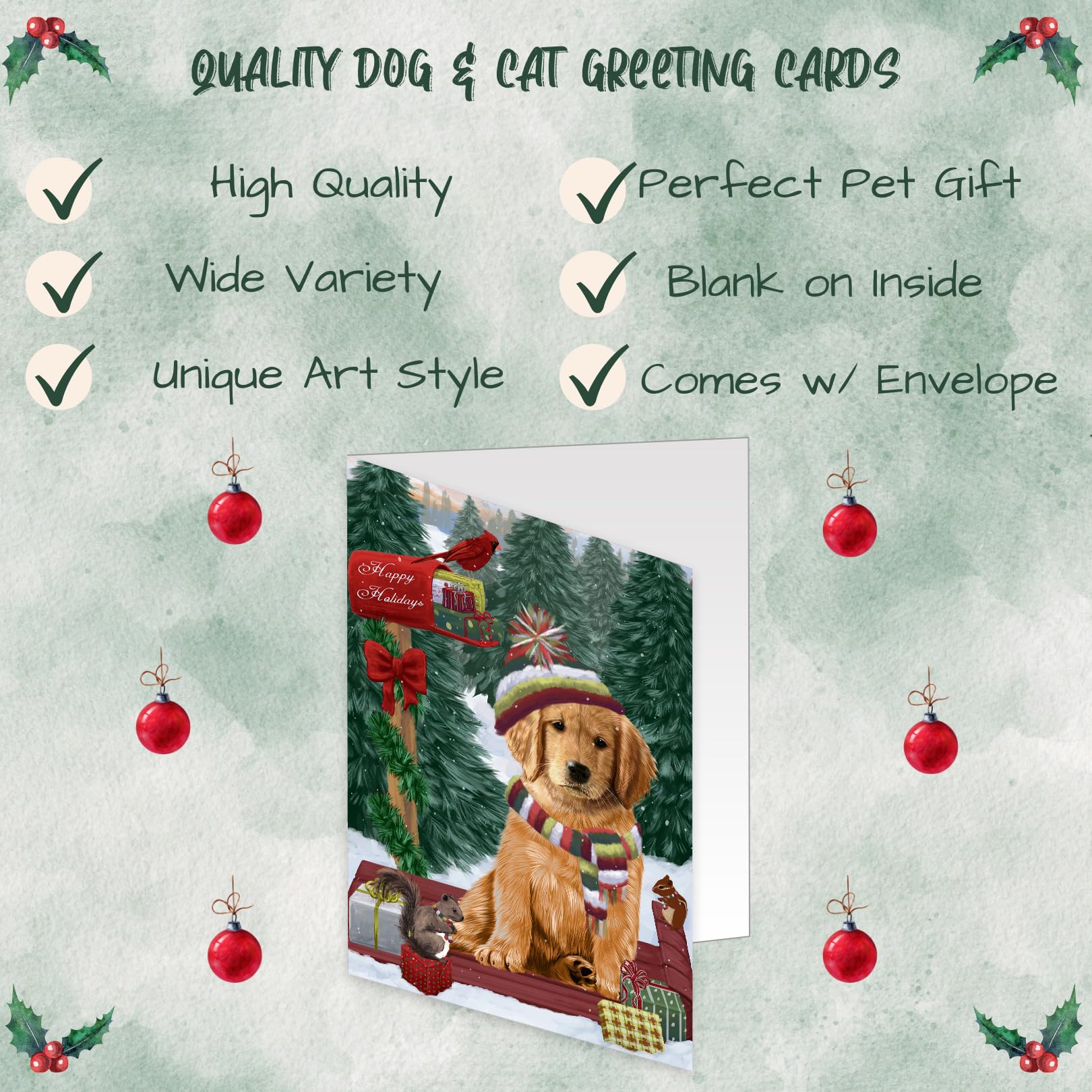 Golden Retriever Christmas Greeting Cards - 50 Blank Inside Pet Themed Note Cards with Envelopes - Custom Dog Holiday Cards for Xmas Gifts, Party Invitations & Thank You Notes