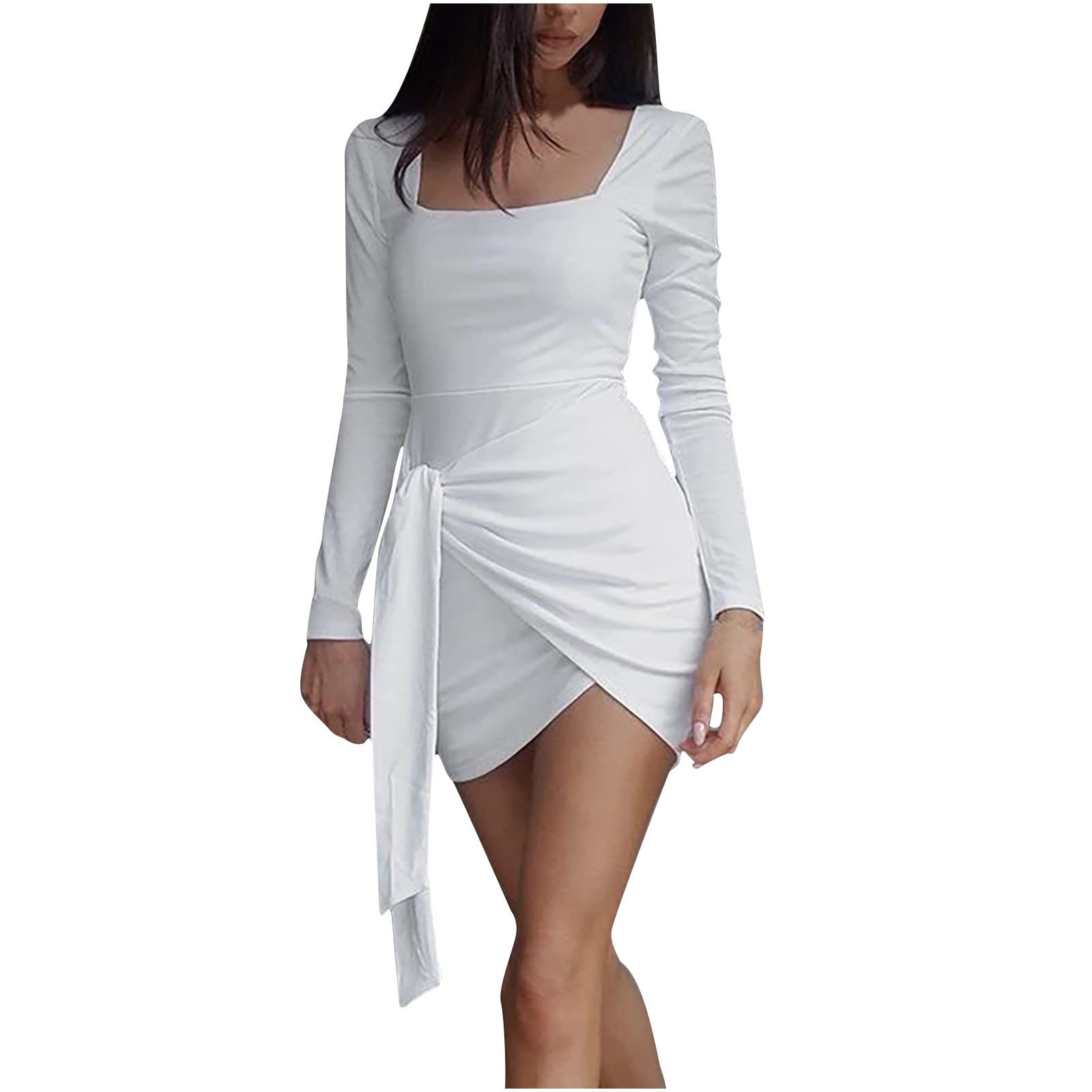 Jsarle Women's Cocktail Dress - Long Sleeve Square Neck Lace-Up Mini Dress with Irregular Hem for Fall/Winter, Perfect for Party, Wedding Guest, Holiday Events & Special Occasions