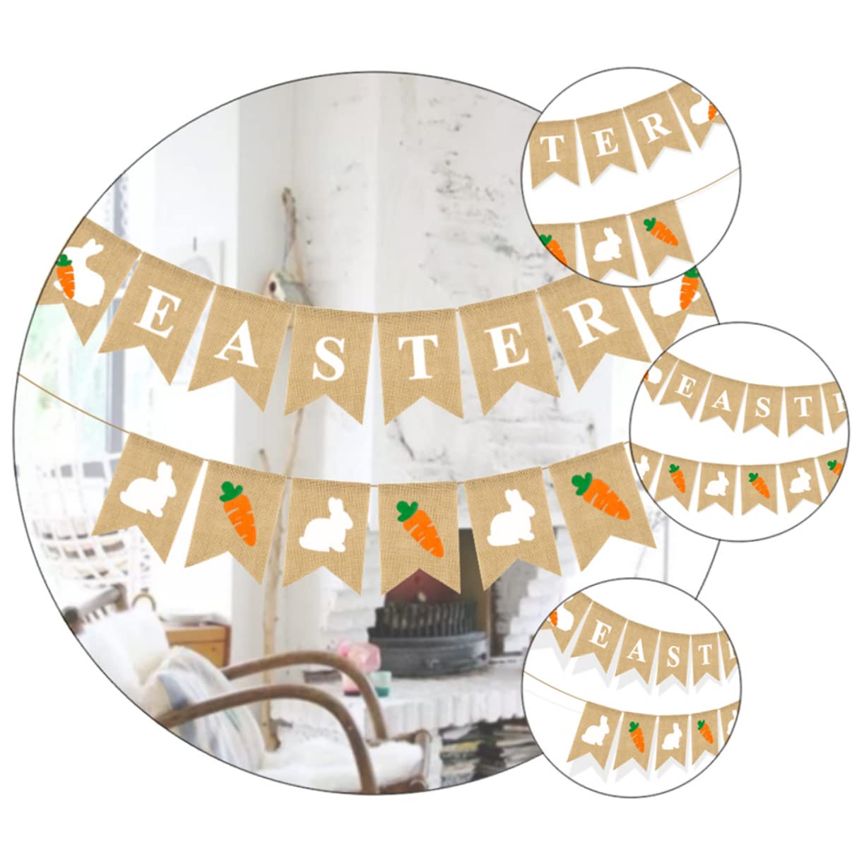 Garneck 3-Pack Elegant Easter Linen Bunting Flags - Swallowtail Design with Carrot & Rabbit Motifs for Spring Party Decor | Perfect for Home, Garden, and Easter Celebrations