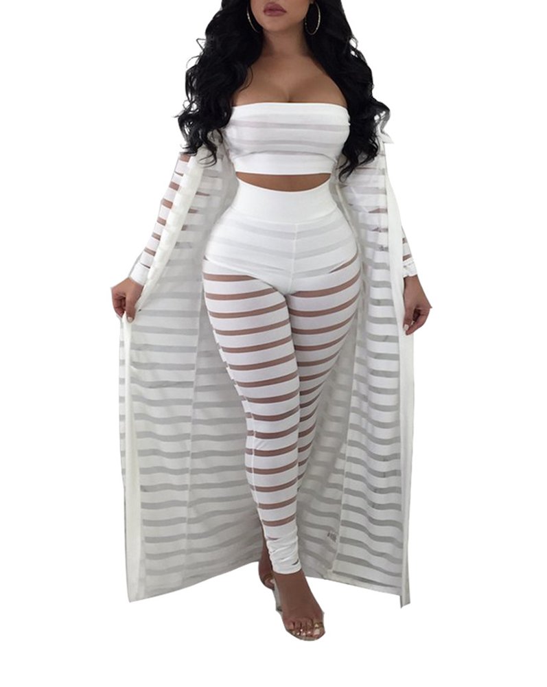 Ophestin Women's 3-Piece Outfit Set - Sheer Mesh Tube Top, Long Pants & Bodycon Cardigan | Sexy Jumpsuit for Party, Club & Night Out