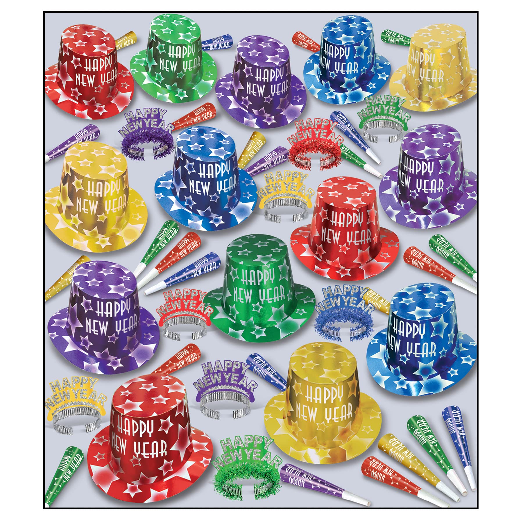 Beistle Gem Star New Year's Eve Party Supplies Kit for 100 Guests - Glitter Hats, Tiaras, Noise Makers & Party Favors - Multicolor One Size - Perfect for NYE Countdown, Ball Drop Celebrations & Holiday Parties