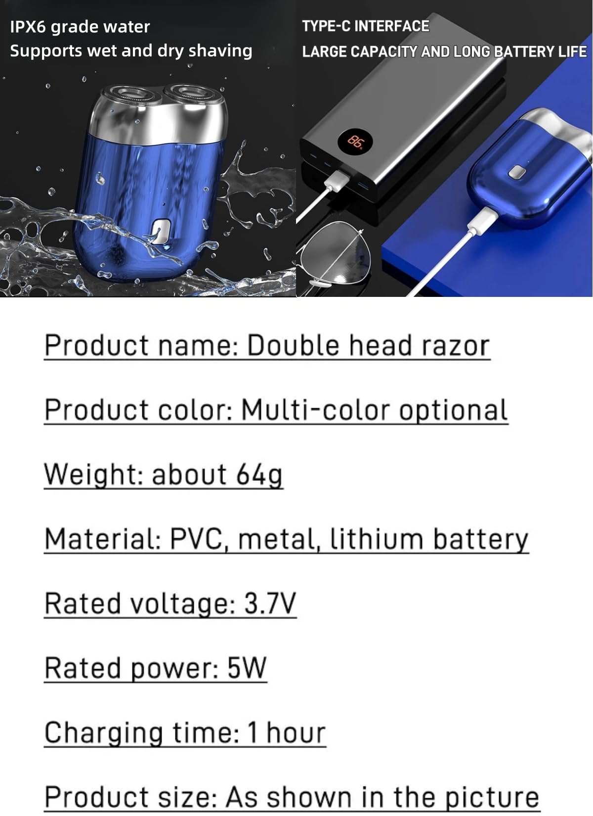 Mini Dual-Head Electric Shaver for Women & Men - Portable USB Rechargeable Shaver with Double Ring Movable Net Blades - Smooth Shaving for Travel, Gym & Daily Use (Blue)