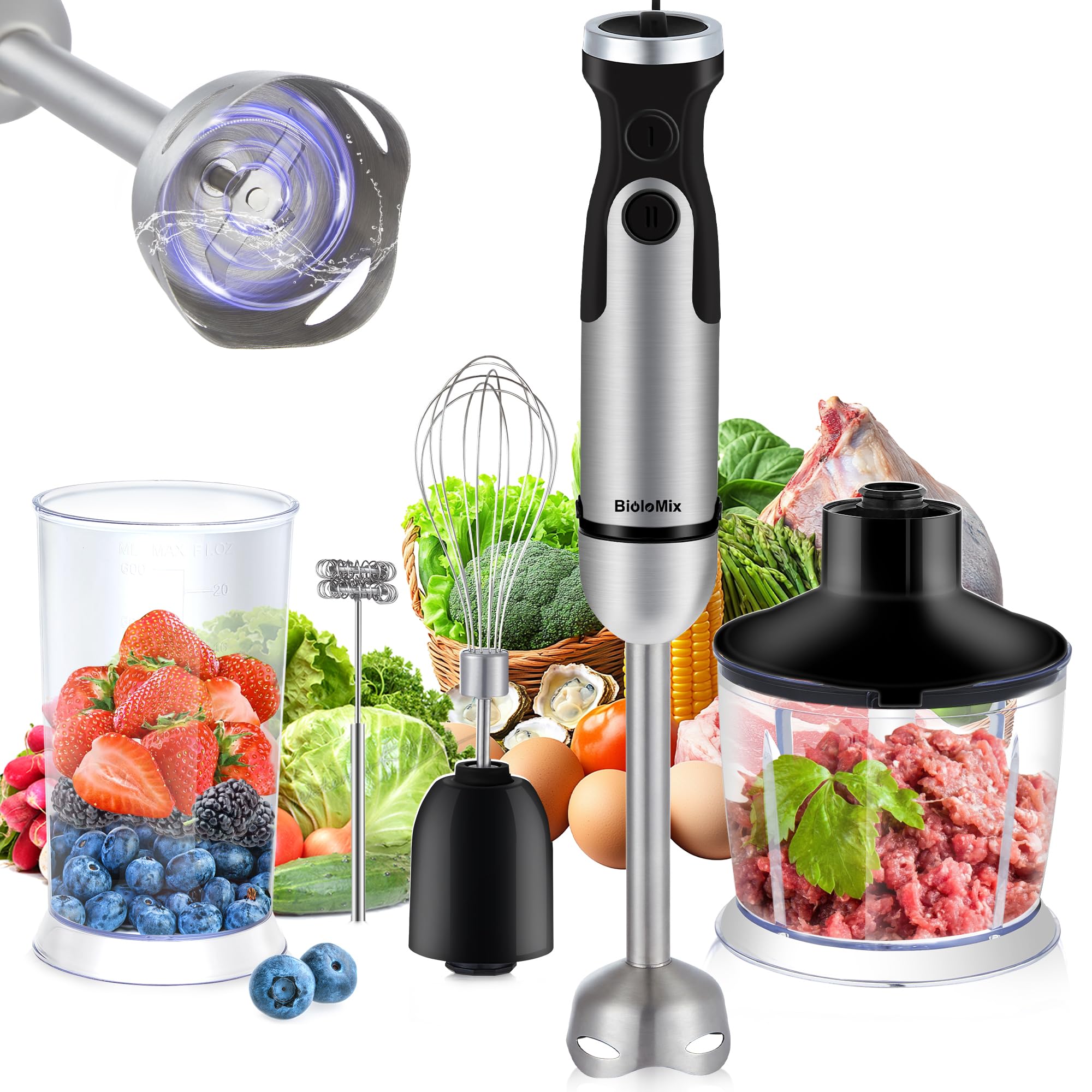 BioloMix 5-in-1 Immersion Hand Blender 1000W Powerful Stick Blender with 6 Speed & Turbo Mode, Stainless Steel Blade, 800ml Food Chopper, 600ml Mixing Beaker, Whisk & Milk Frother - Perfect for Smoothies, Soups, Baby Food & Kitchen Blending