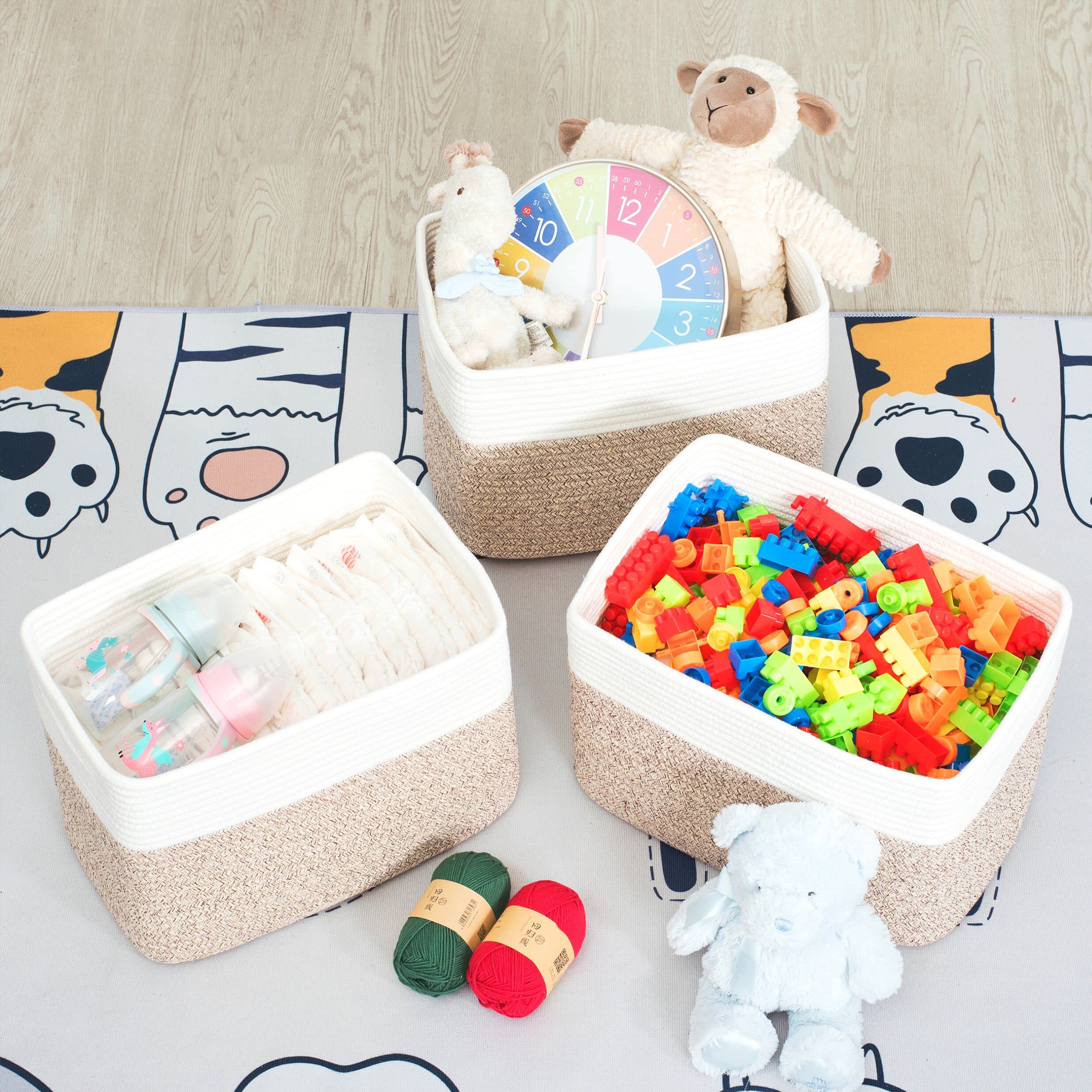 MINTWOOD 3-Pack Woven Storage Baskets - Light Brown Decorative Cube Bins for Shelves, Playroom, Classroom & Nursery Organization | Perfect for Kids' Toys, Books & Closet Storage