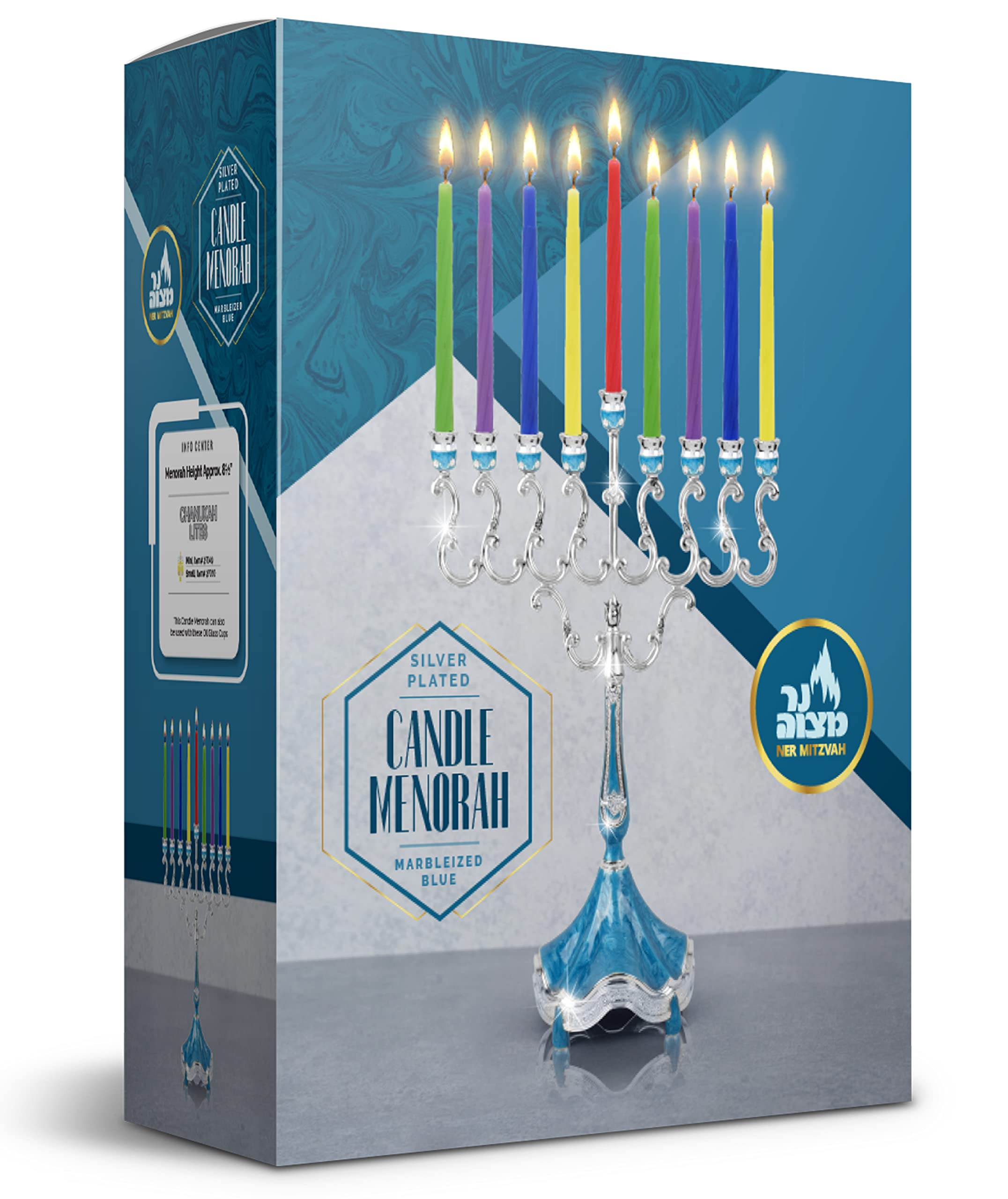 Elegant Silver Plated Hanukkah Menorah with Blue Marble Accents - 8.5 Inch Modern Chanukiah for Standard Candles | Perfect for Jewish Holiday Decor & Home Celebration