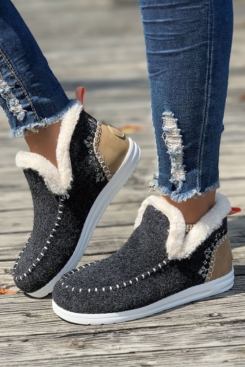 Carbon Grey Suede Patchwork Ankle Boots with Plush Lining & Stitching Detail - Women's Winter Fashion Boots for Casual Outings & Office Wear