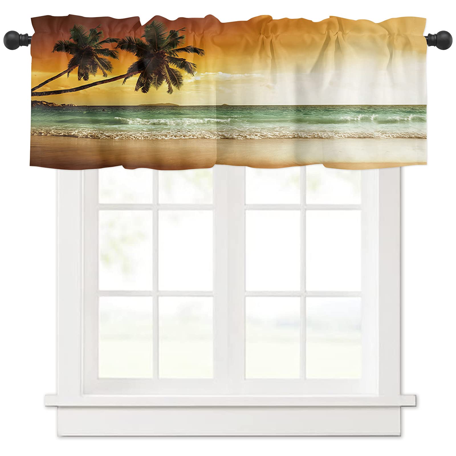 Tropical Palm Tree Beach Ocean Sunset Valance Curtains - 54