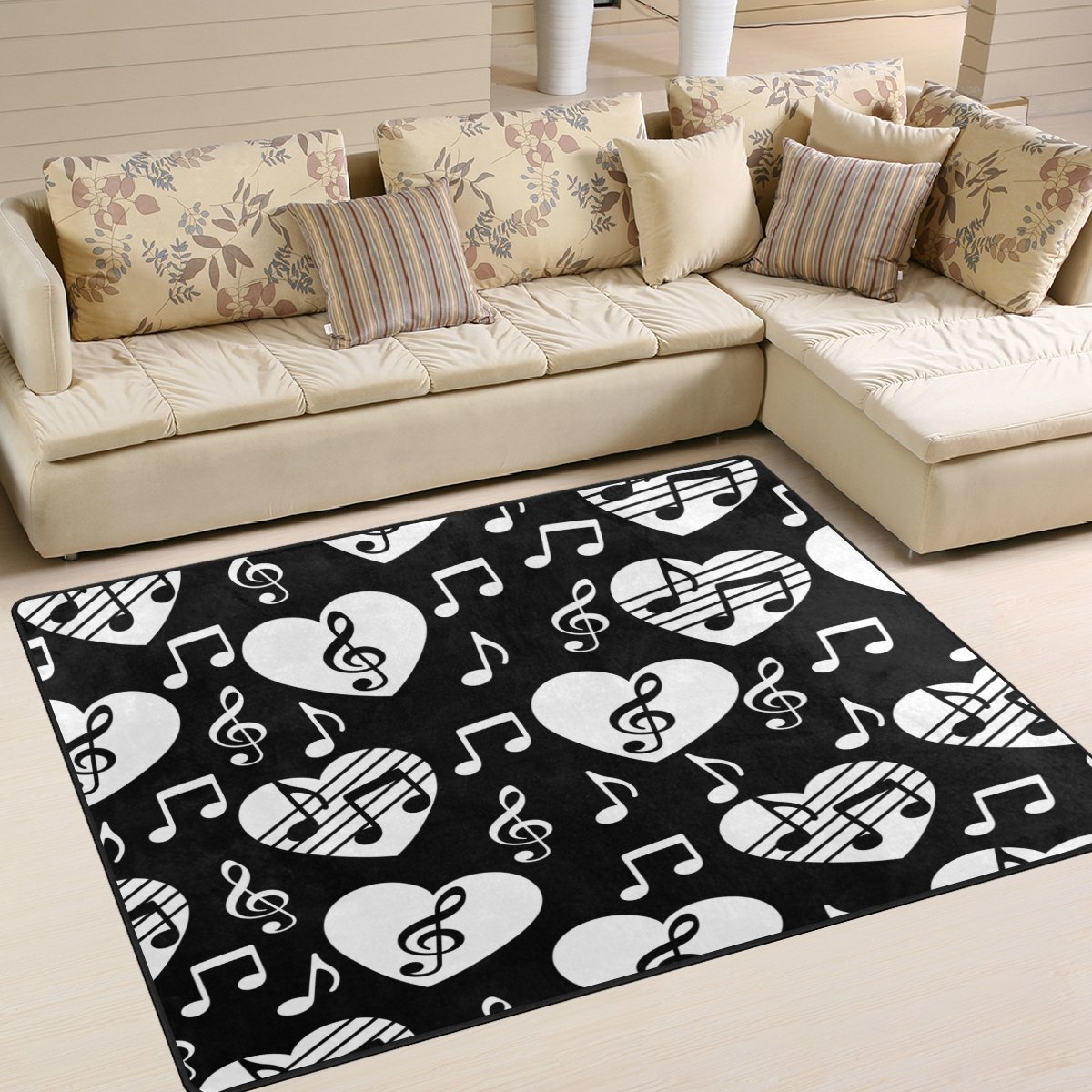 ALAZA Black and White Heart Music Print Area Rug - 7' x 5' Soft Non-Slip Living Room Bedroom Rug - Perfect for Music Lovers' Home Decor, Dorm Room, and Nursery Floor Mat