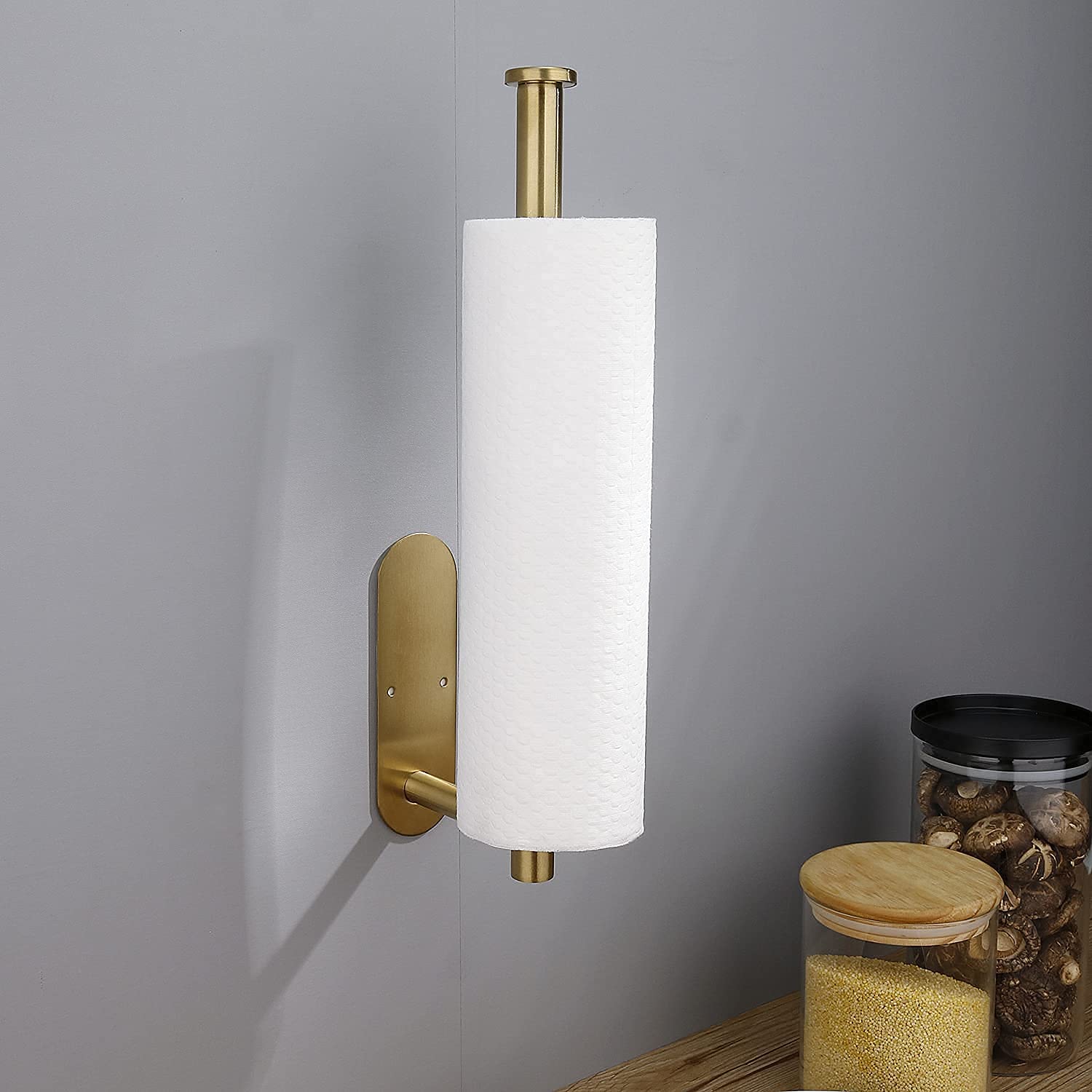 Stainless Steel Under Cabinet Paper Towel Holder - Wall Mount Kitchen & Bathroom Towel Rack for Jumbo Rolls - Self Adhesive Farmhouse Accessories (Gold, SUS 304) - Perfect for Kitchen, Bathroom & RV Organization