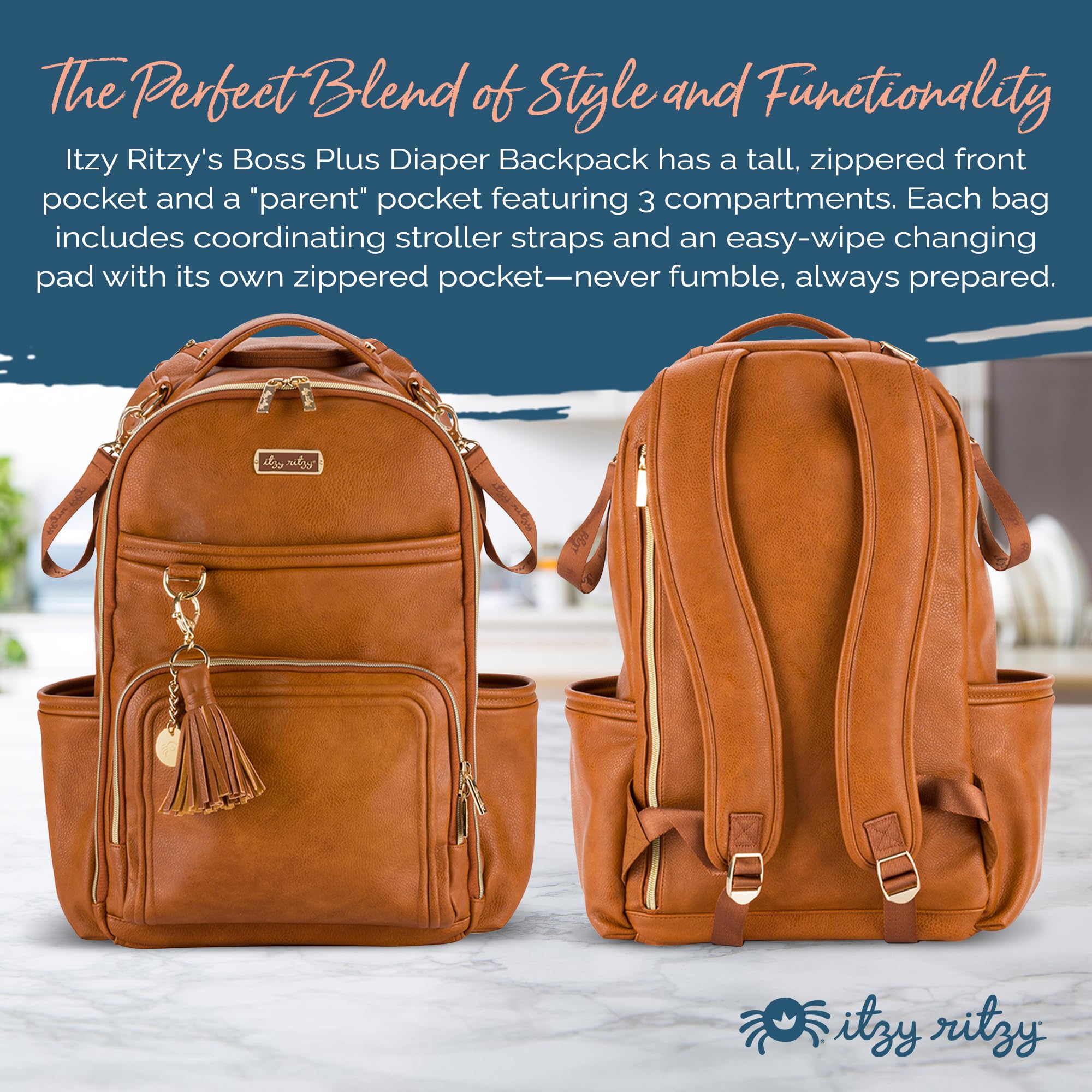 Itzy Ritzy Boss Plus Baby Diaper Backpack – Large Capacity with 19 Pockets, Changing Pad & Stroller Clips | Comfortable Shoulder Straps in Cognac | Perfect for Moms, Dads & Caregivers on the Go
