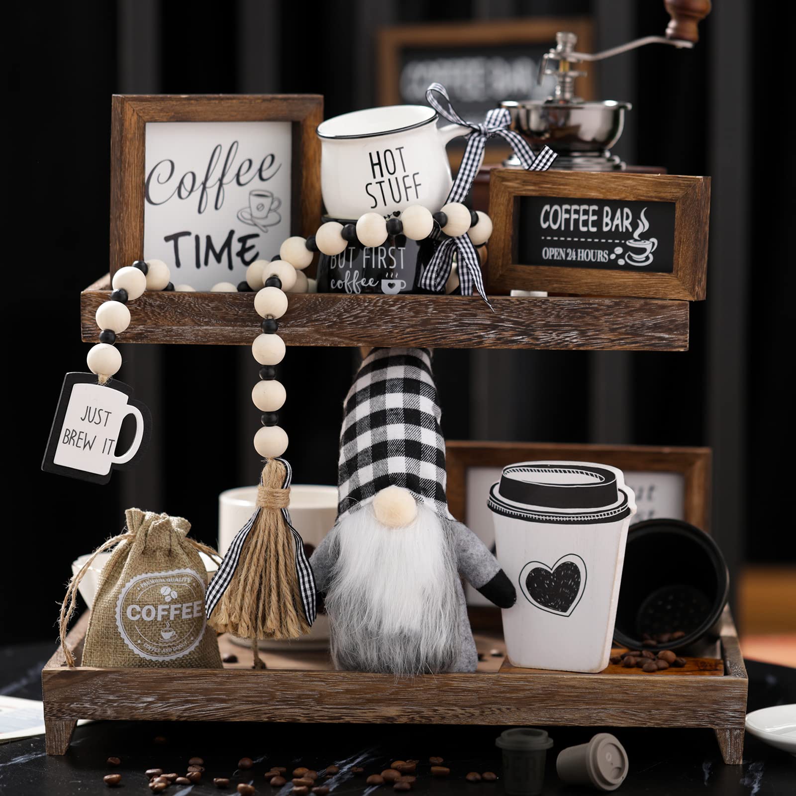 8-Piece Coffee Bar Decor Set - Farmhouse Tiered Tray Decorations with Wooden Coffee Signs, Mini Mugs & Bead Garland | Rustic Kitchen Table & Coffee Station Decor for Home, Cafe, and Office