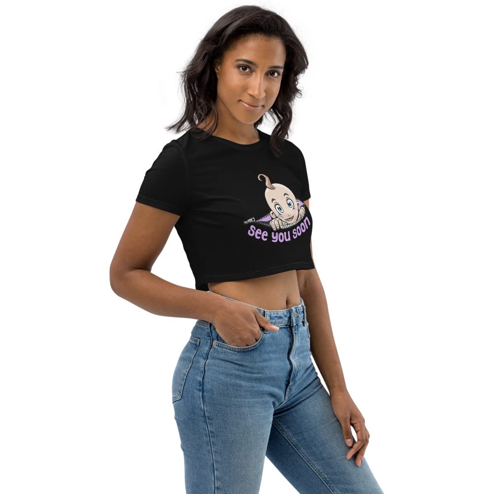 Funny Maternity Pregnancy Announcement Crop Top - 'See You Soon' Cute Baby Reveal Shirt for Gender Reveal Parties & Photoshoots