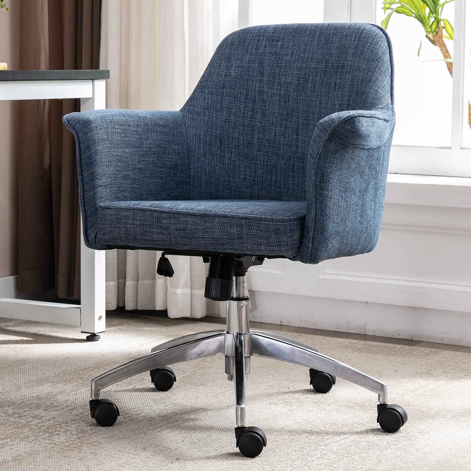 Ergonomic Home Office Chair with Aluminum Alloy Base - Adjustable Height Fabric Computer Desk Chair with Wide Seat & Flared Armrests for Heavy Duty - Perfect for Long Work Hours, Gaming & Study (Blue)