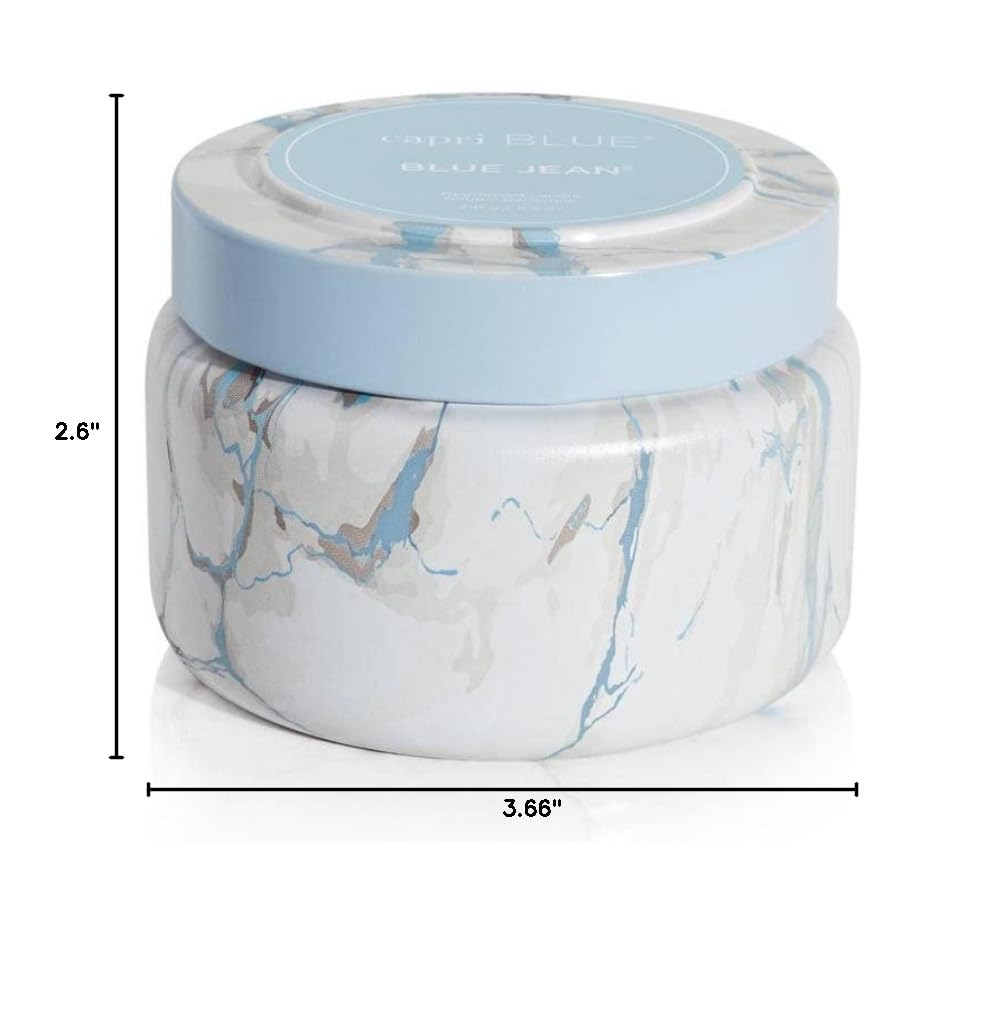 Capri Blue Modern Marble Printed Travel Tin Jar Candles - Luxury Scented Soy Wax Candles for Home Decor, Gifts & Relaxation - Long Lasting 8.5oz Blue Jean Scent - Perfect for Bedroom, Bathroom & Living Room Aromatherapy