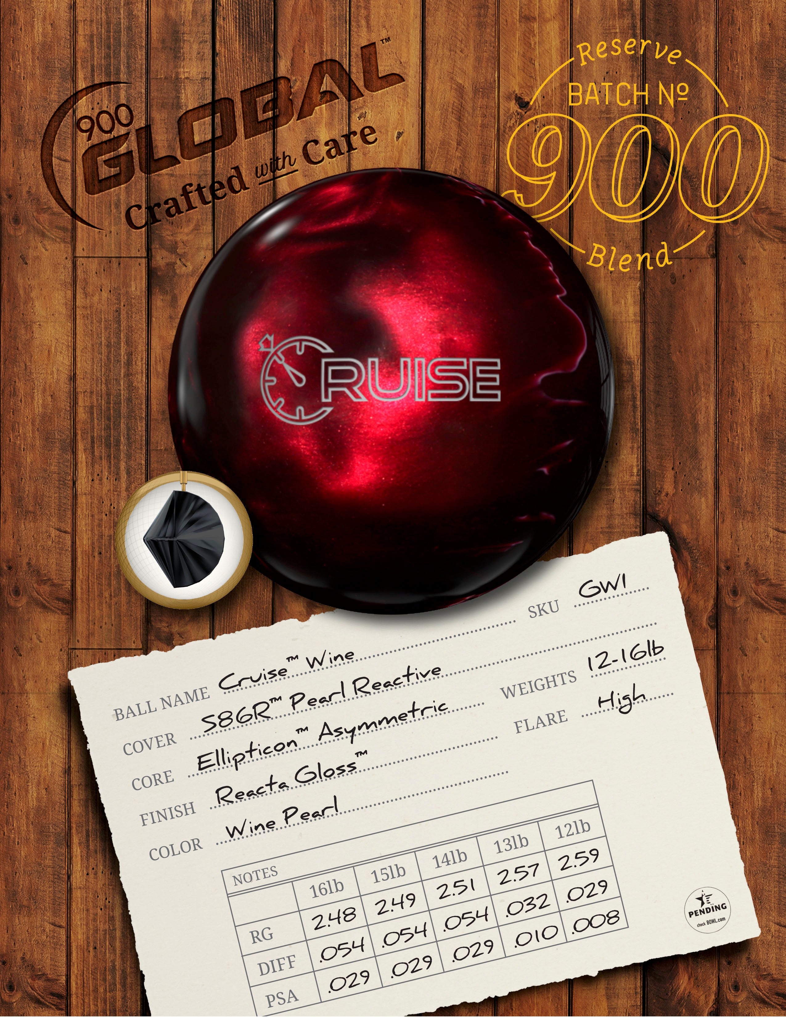 900 Global Cruise Wine Pearl Bowling Ball - High Performance Reactive Resin for Hook & Strike - Perfect for League Play & Tournament Competitions