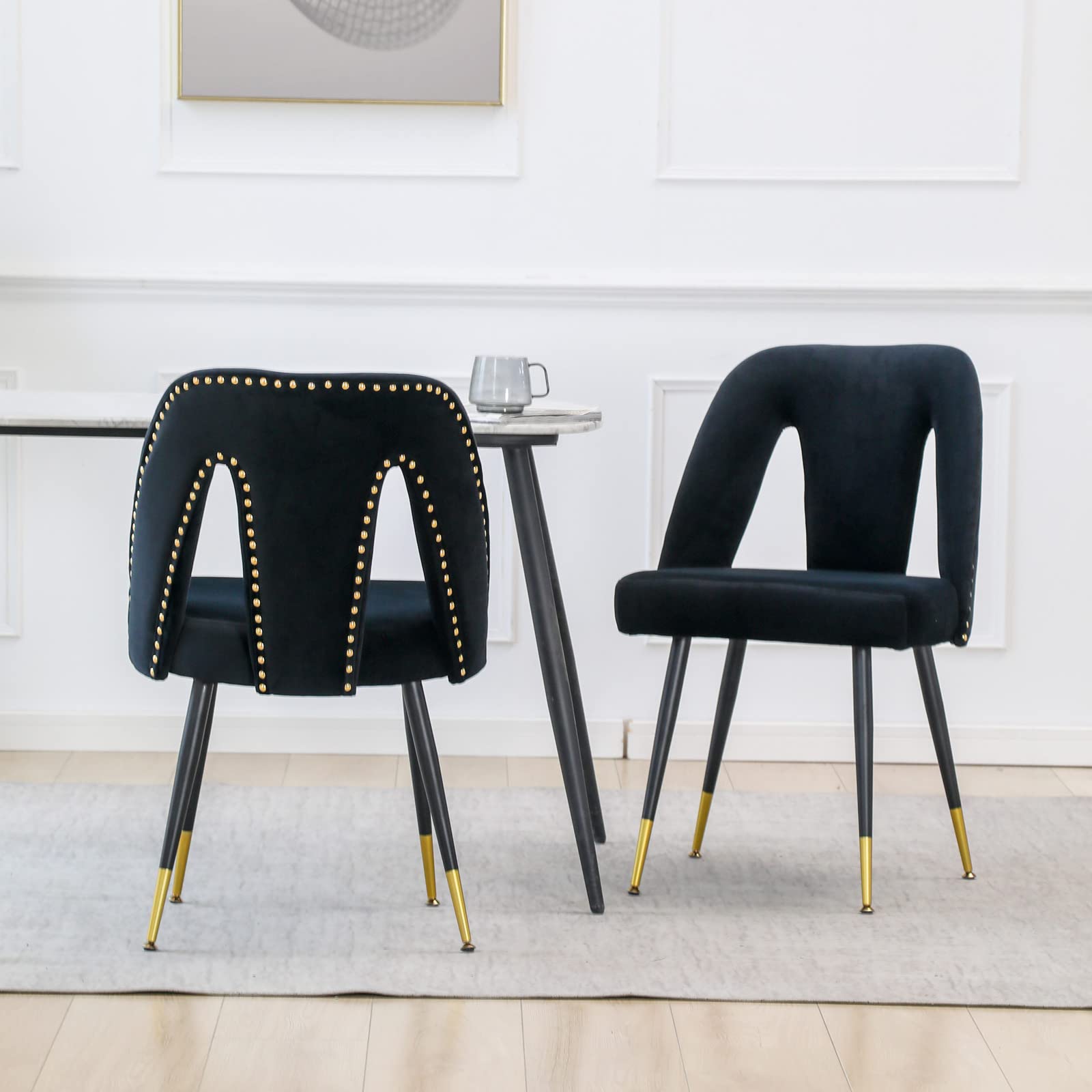 Set of 2 Polibi Modern Velvet Upholstered Dining Chairs with Nailhead Trim & Gold-Tipped Black Metal Legs - Elegant Seating for Dining Room, Living Room, Bedroom (Black) | Perfect for Home Decor, Dinner Parties & Cozy Reading Nooks