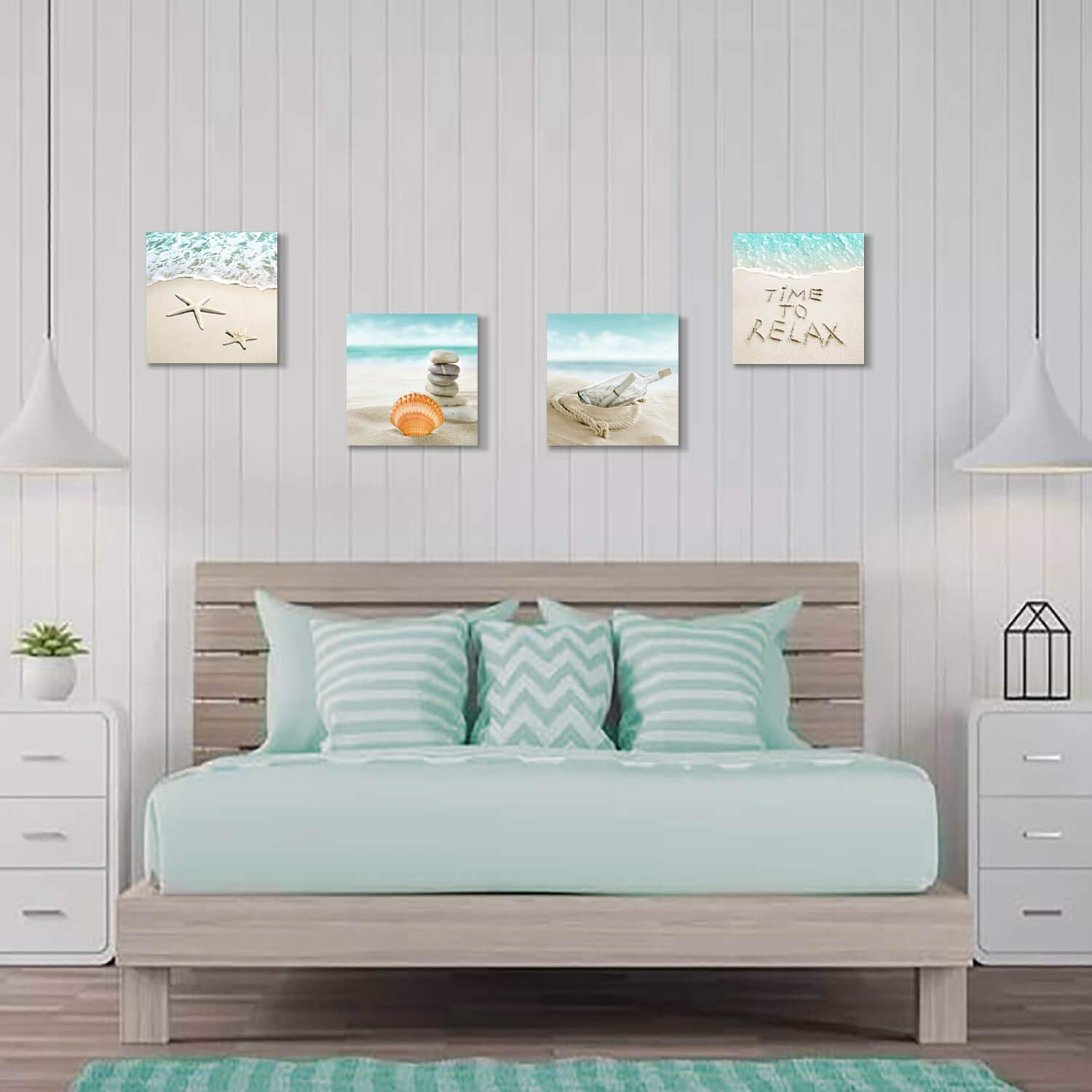 Coastal Beach Wall Art Set - 16''x16'' 4-Panel Canvas Prints of Seashells & Drift Bottles, Ocean Themed Bathroom Decor for Coastal & Nautical Home Styling | Perfect for Beach House, Bathroom, or Living Room Wall Decor