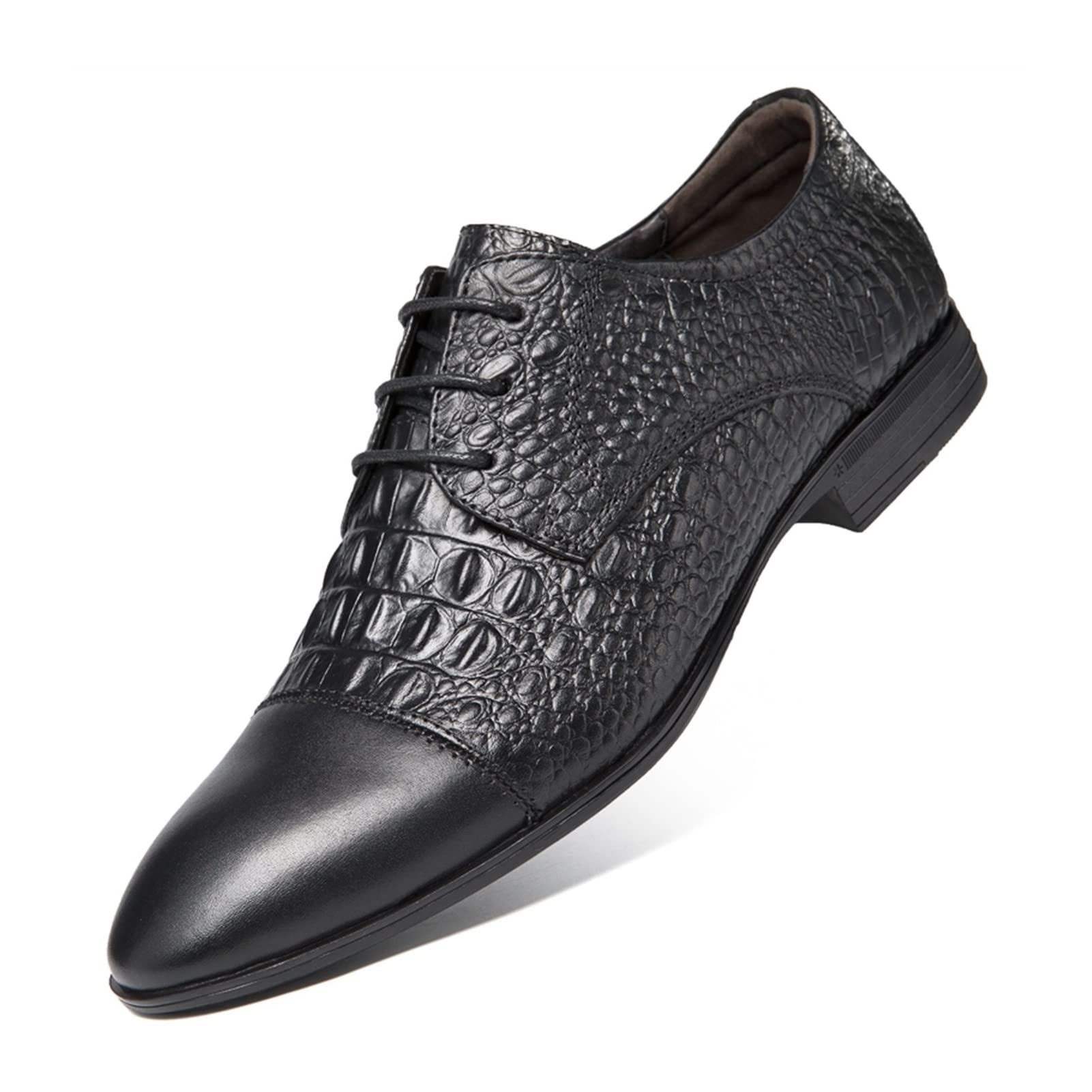 Premium Men's Leather Dress Shoes - Oxford Lace-Up Cap Toe Crocodile Embossed Derby Shoes with Non-Slip Rubber Sole | Formal Business Attire & Wedding Occasions