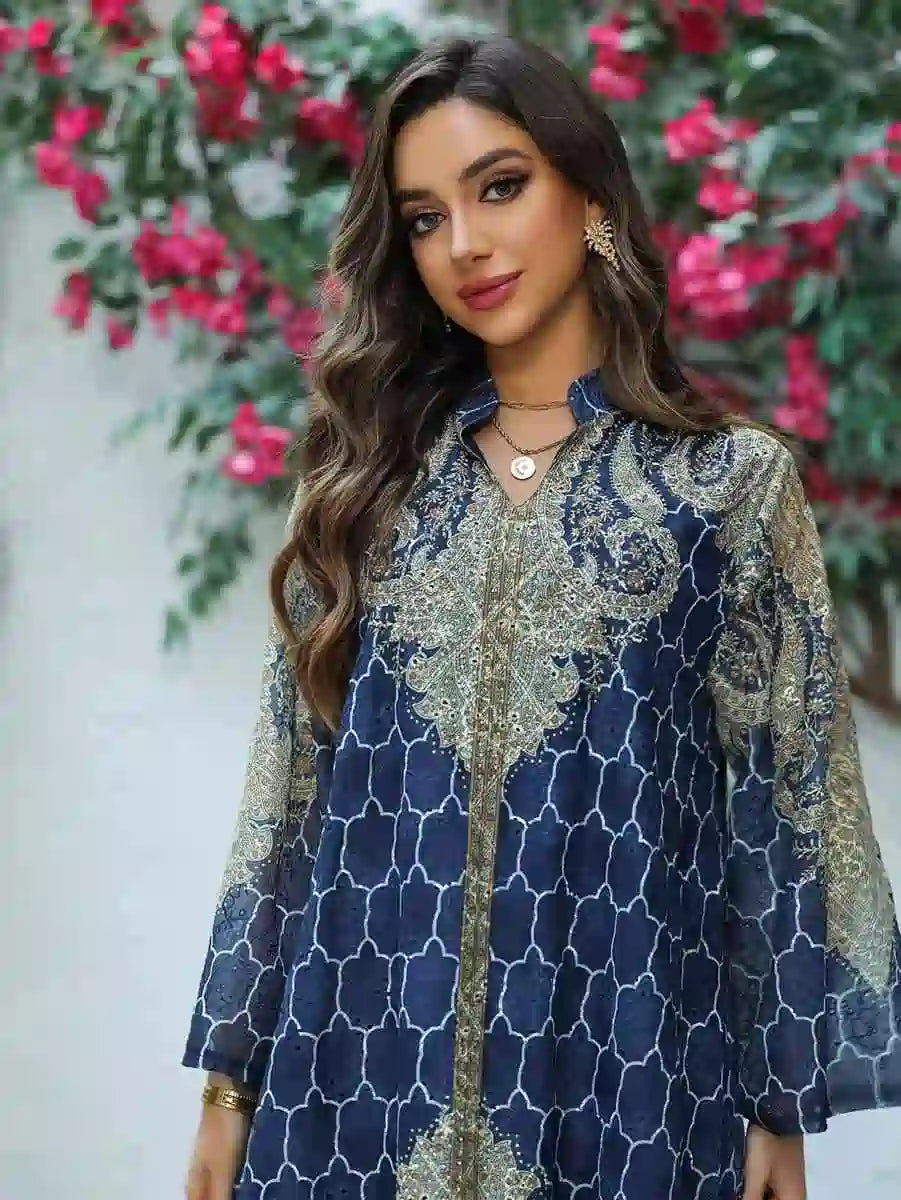 Elegant Hotfix Rhinestone Embroidery Caftan Dress for Women - Perfect for Eid Celebrations, Weddings & Special Occasions | Style #25450