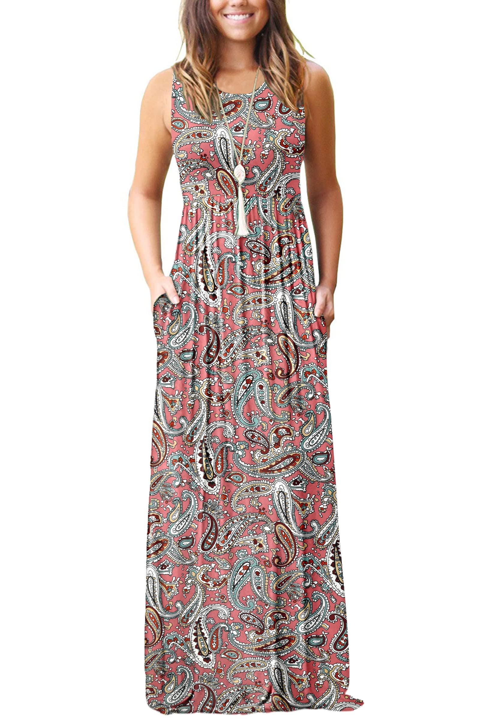 AUSELILY Women's Summer Sleeveless Loose Maxi Dress - Casual Long Flowy Dress with Pockets | Beach Cover Up, Vacation Outfit, Boho Chic Style