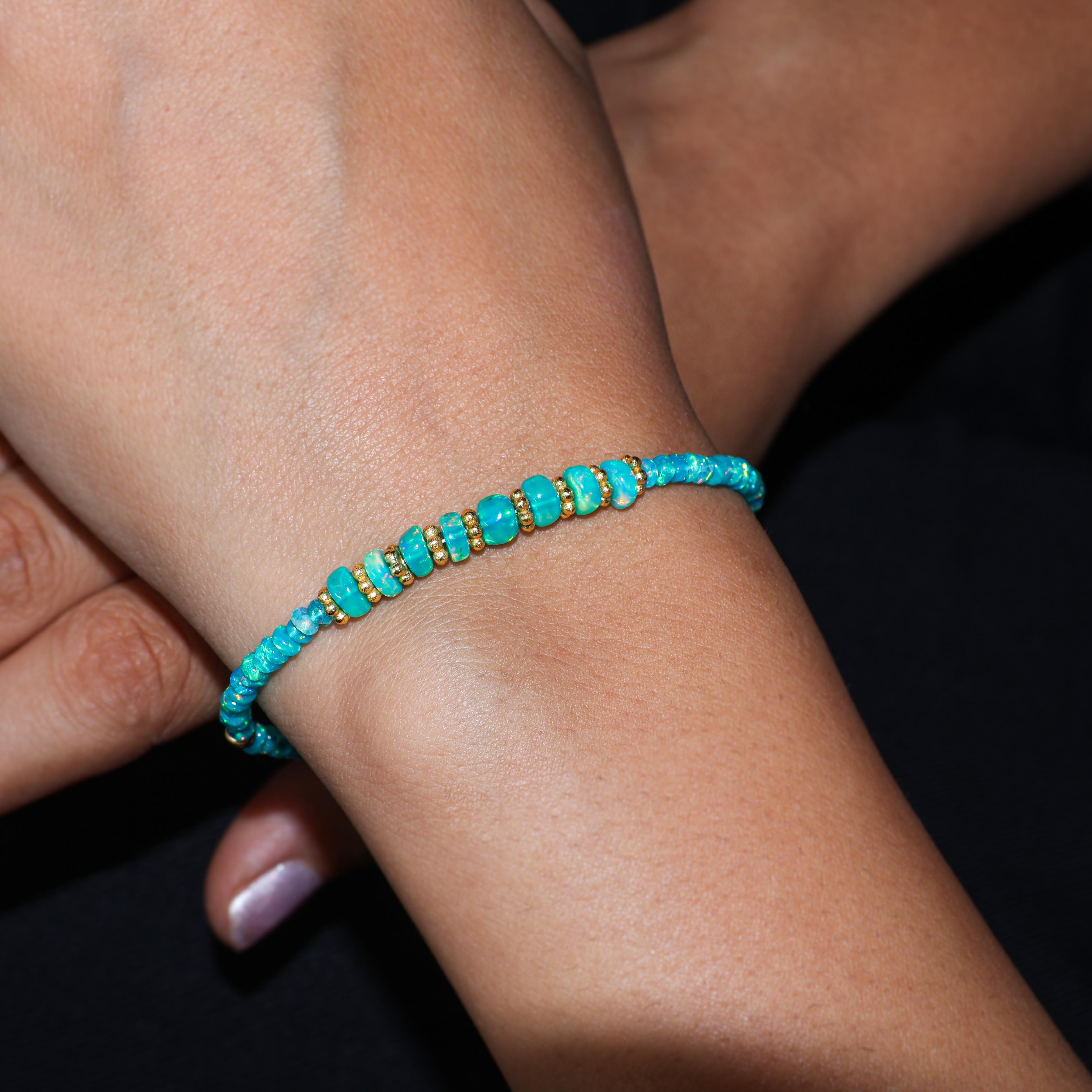 Natural Paraiba Opal Smooth Beads Handmade Bracelet - Elegant Gemstone Jewelry for Women, Boho Style Beaded Bracelet for Everyday Wear, Gift for Her, Perfect for Casual Outfits & Special Occasions
