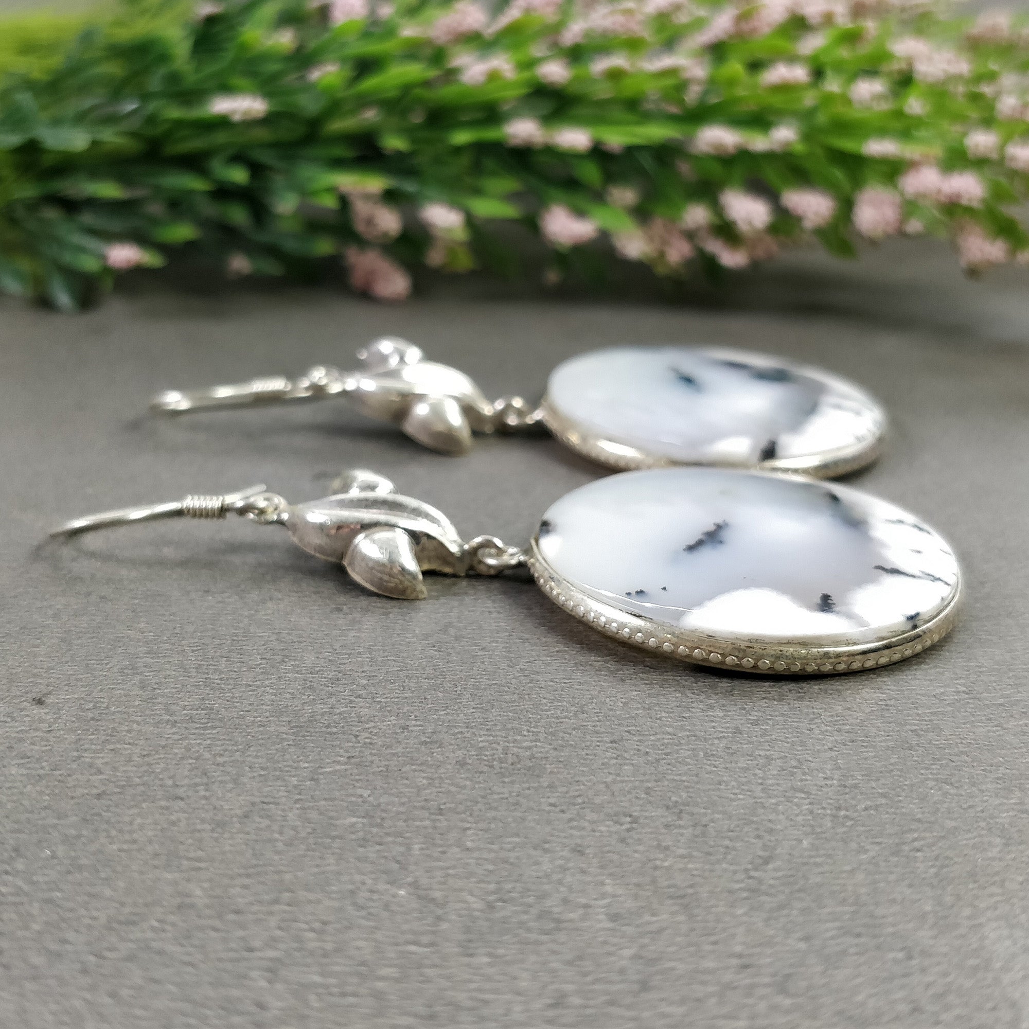 Botswana Agate Gemstone Earrings - 17.15g Natural 925 Sterling Silver Bi-Color Round Bezel Set Drop Dangle Hook Earrings (2.5 Inches) | Elegant Jewelry for Women, Perfect for Parties, Weddings & Special Occasions