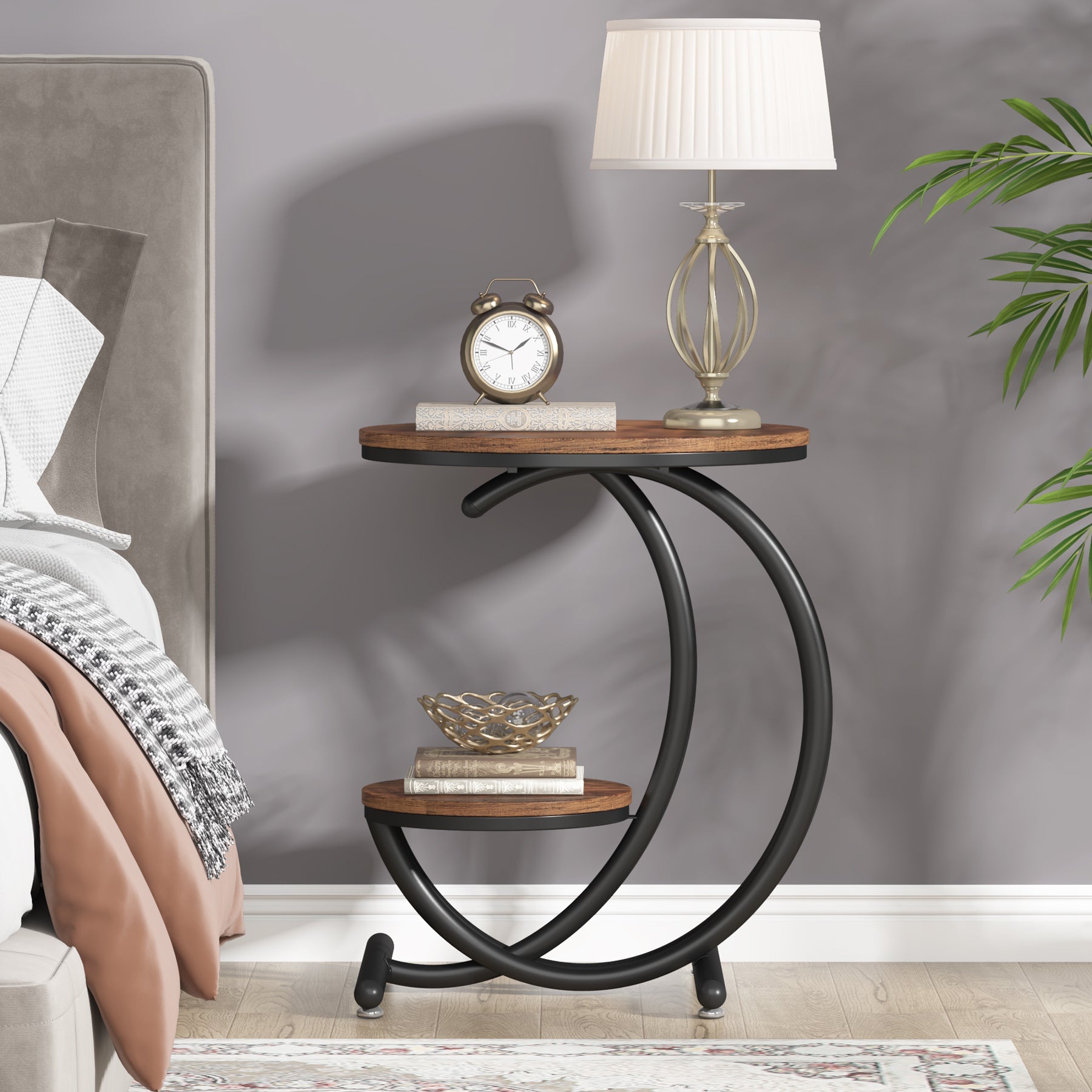 2 Tier End Table with C-Shaped Frame - Small Accent Side Table for Living Room, Bedroom, or Office - Modern Wooden Nightstand with Storage Shelf