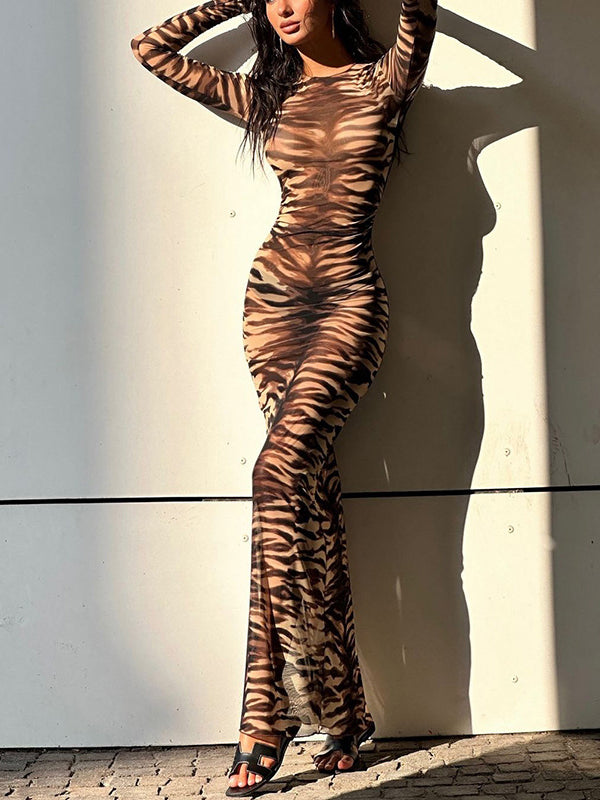 ZASUWA Women's Tiger Stripe Print Mesh Dress - Sexy Round Neck Bodycon Dress for Night Out, Party & Date Night