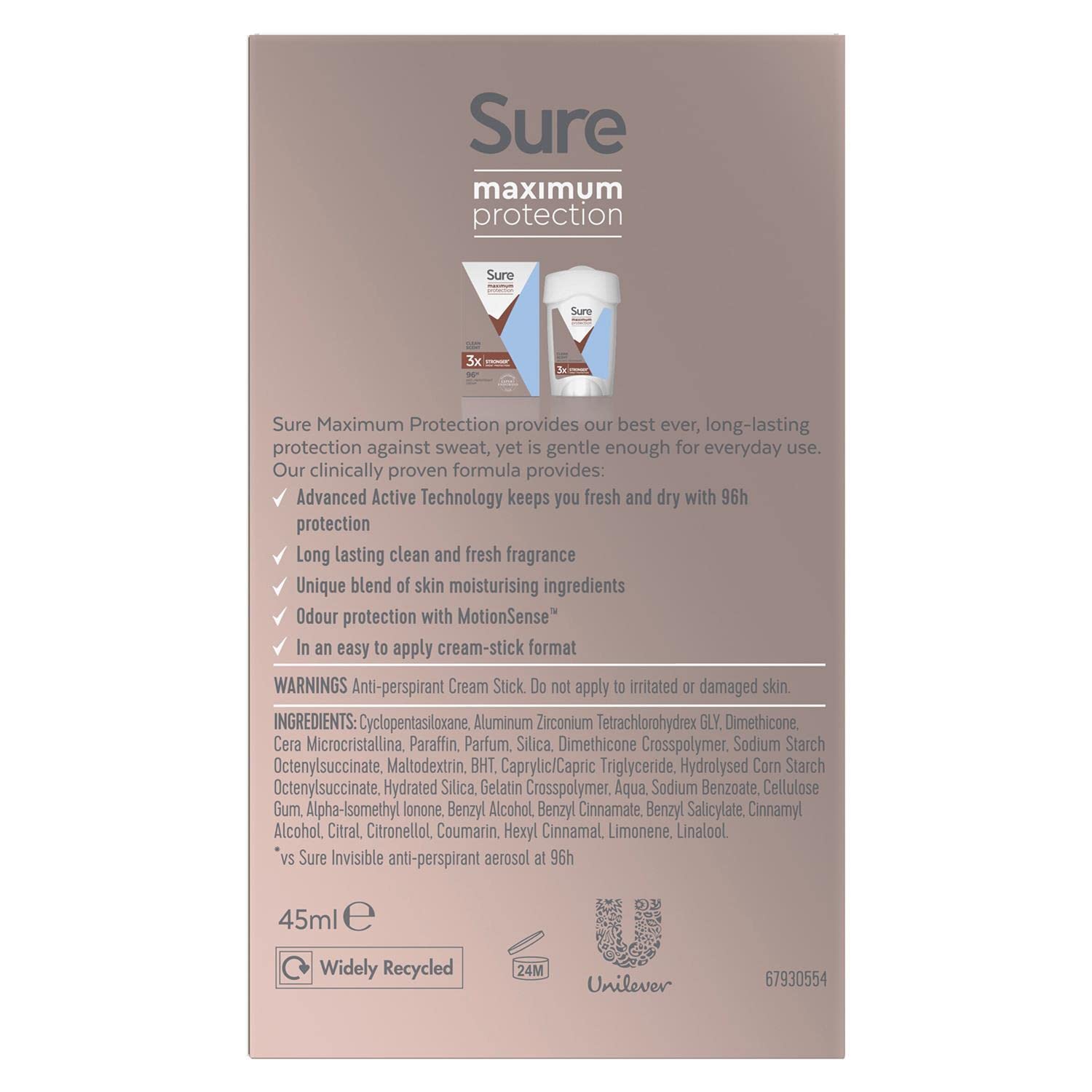 Sure Women Maximum Protection Clean Scent Anti-Perspirant Deodorant Cream - 45ml (Pack of 3) | Long-Lasting Odor & Wetness Control for Active Lifestyles, Workouts & Daily Freshness