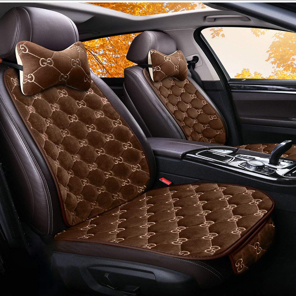 Universal Winter Plush Car Seat Cover - Faux Fur Heated Cushion Protector for Cold Weather, Soft & Warm Car Interior Accessories (Coffee Color, Set of 2) - Perfect for Road Trips, Commuting & Winter Driving Comfort