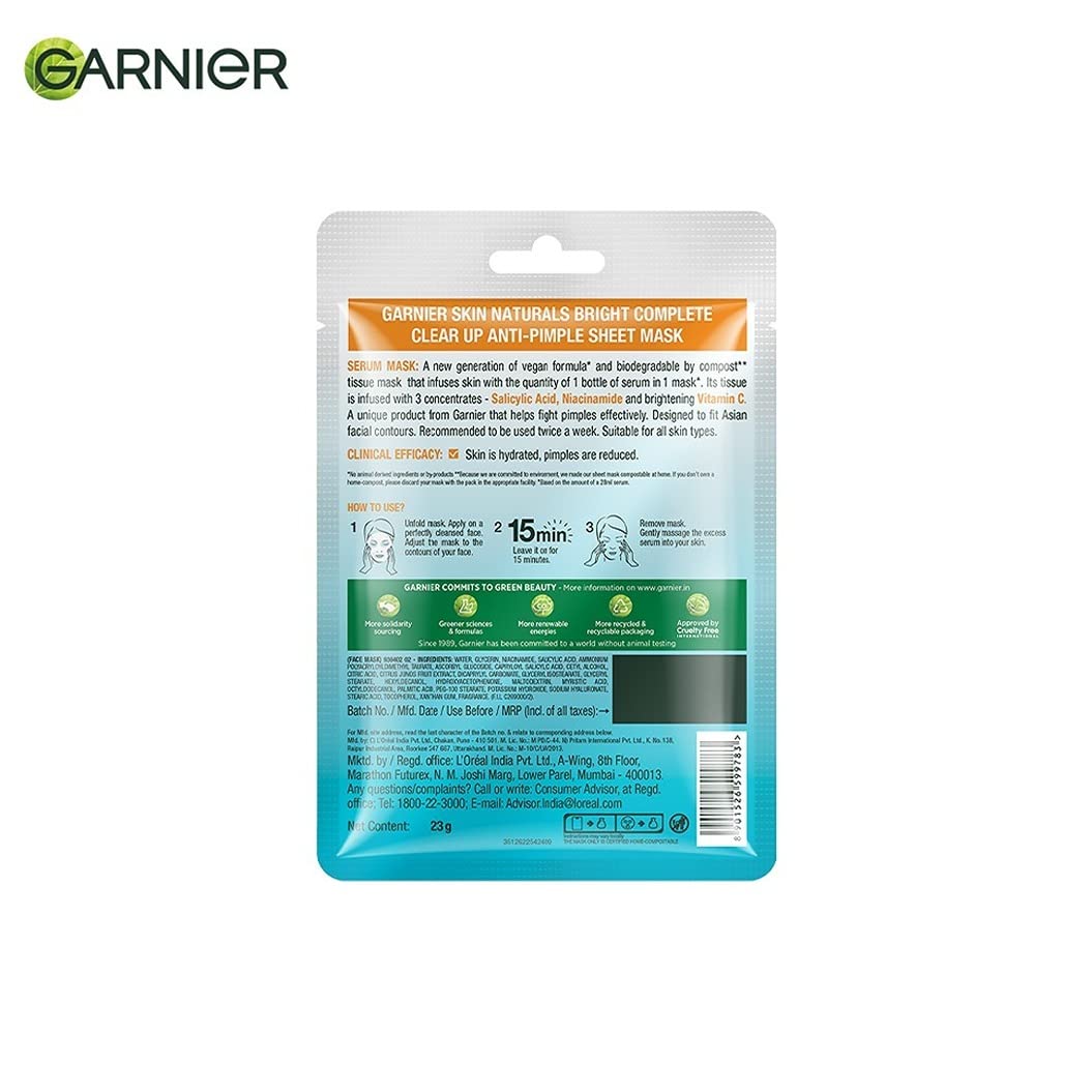 Garnier Bright Complete Anti-Pimple Sheet Mask with Salicylic Acid, Niacinamide & Vitamin C - Clear, Hydrated & Glowing Skin Treatment for All Skin Types | Perfect for Acne-Prone, Oily & Combination Skin Care Routine