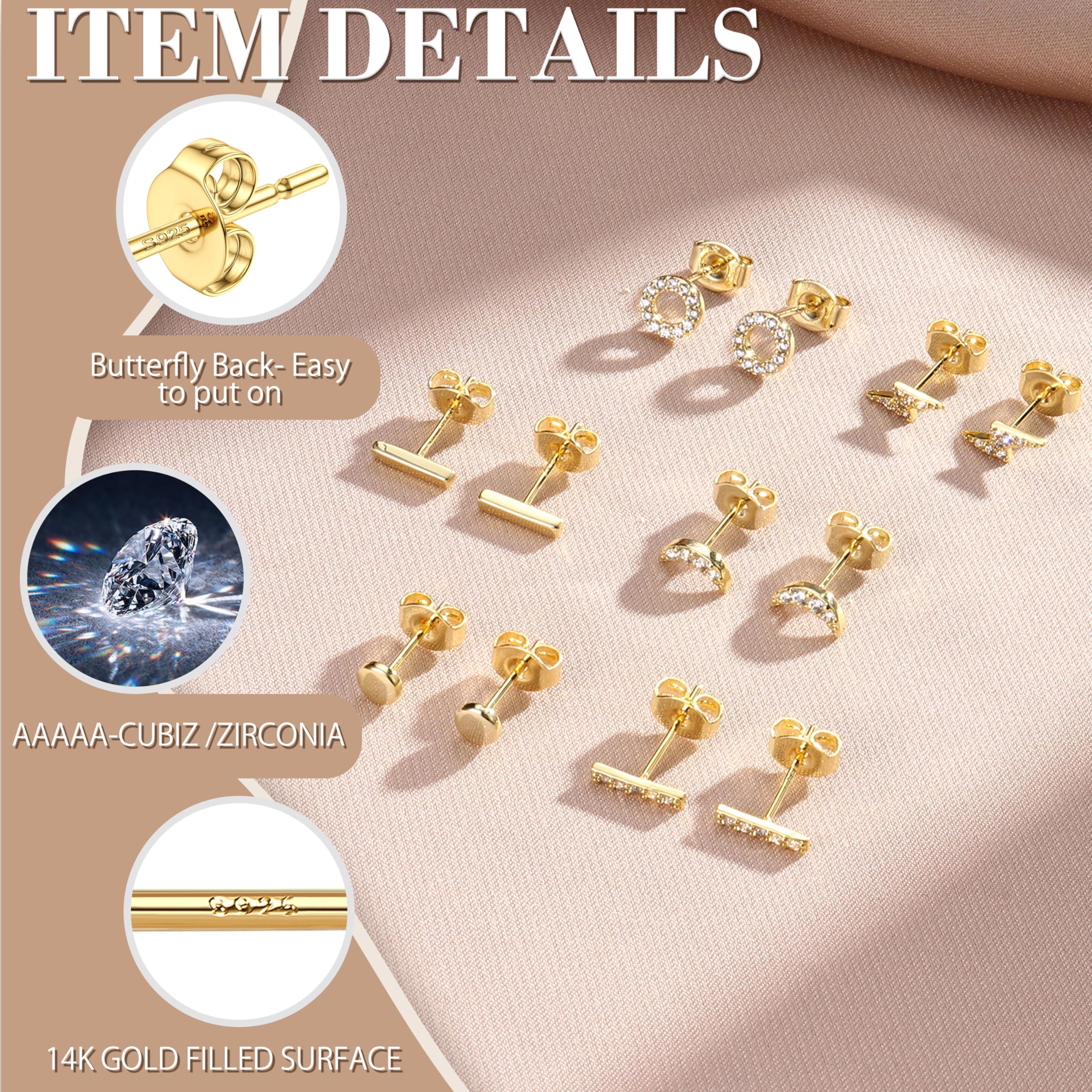 Hayoso 6 Pairs Sterling Silver Stud Earrings for Women - Hypoallergenic CZ Stud Earrings Set with Circle, Bar & Lightning Bolt Designs - White Gold Plated Cartilage & Tiny Stud Earrings for Everyday Wear & Gifting