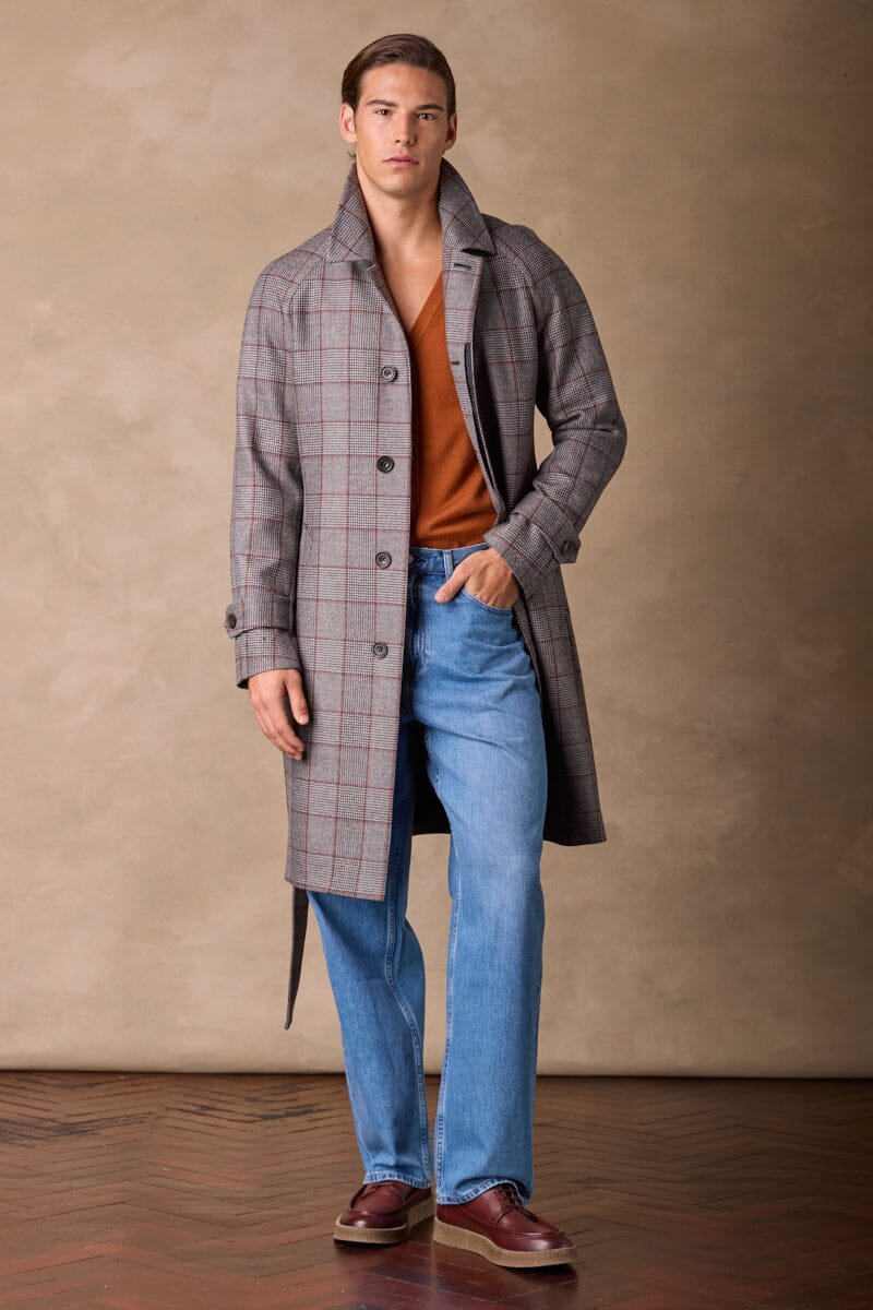 Spencer Car Coat - Grey, Brown & Rust Check Wool Jacket for Men | Classic Winter Outerwear for Office, Travel & Formal Occasions