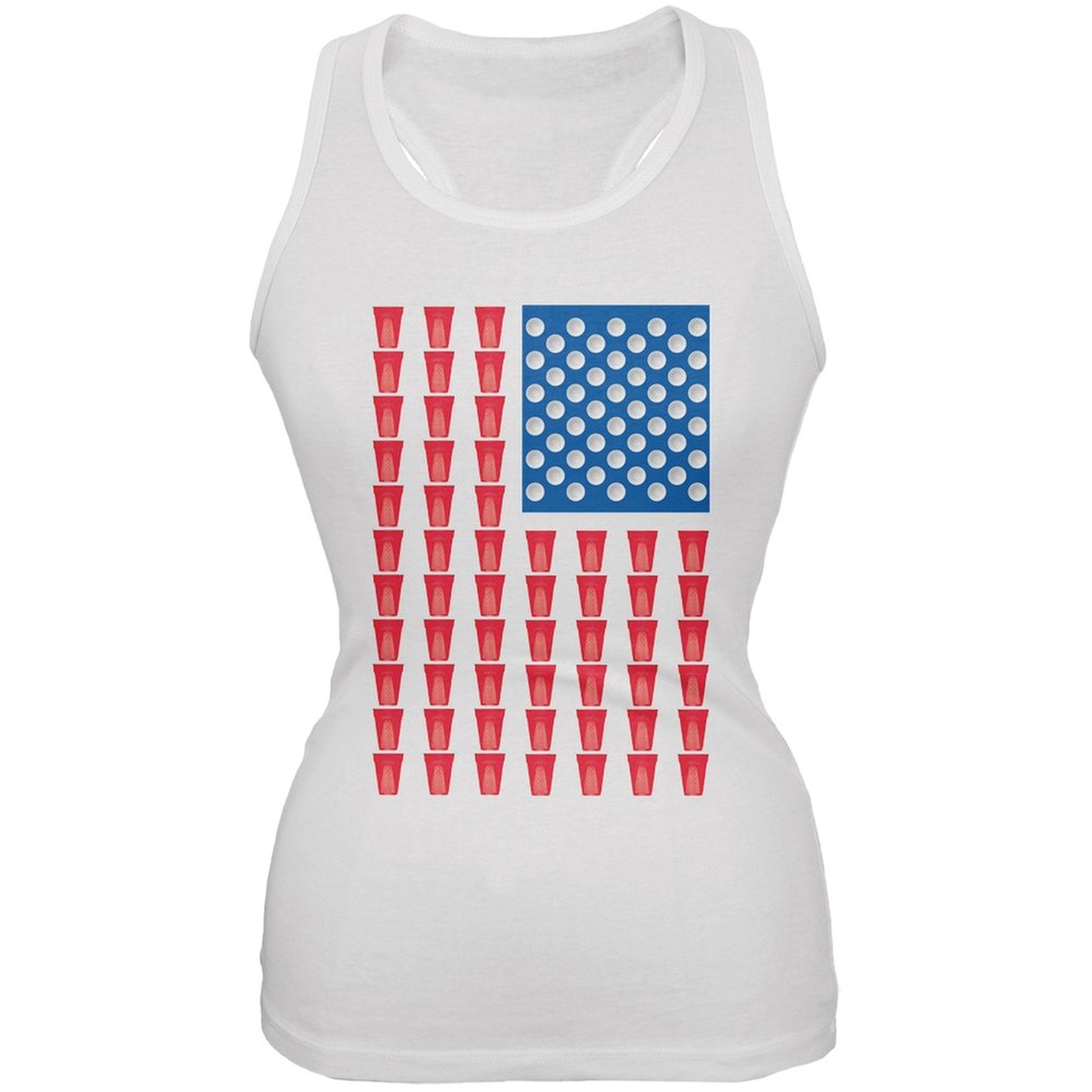St. Patrick's Day American Flag Solo Cups White Soft Juniors Tank Top - Small | Patriotic Holiday Party Outfit for Women & Girls