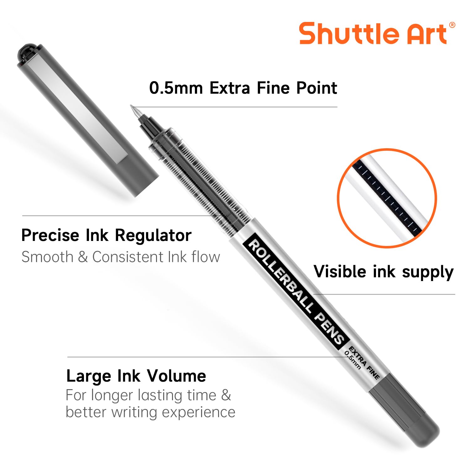 Shuttle Art 25-Pack Rollerball Pens (21 Black, 2 Blue, 2 Red) - 0.5mm Fine Point Liquid Ink Pens for Smooth Writing - Perfect for Journaling, Note Taking, School & Office Use