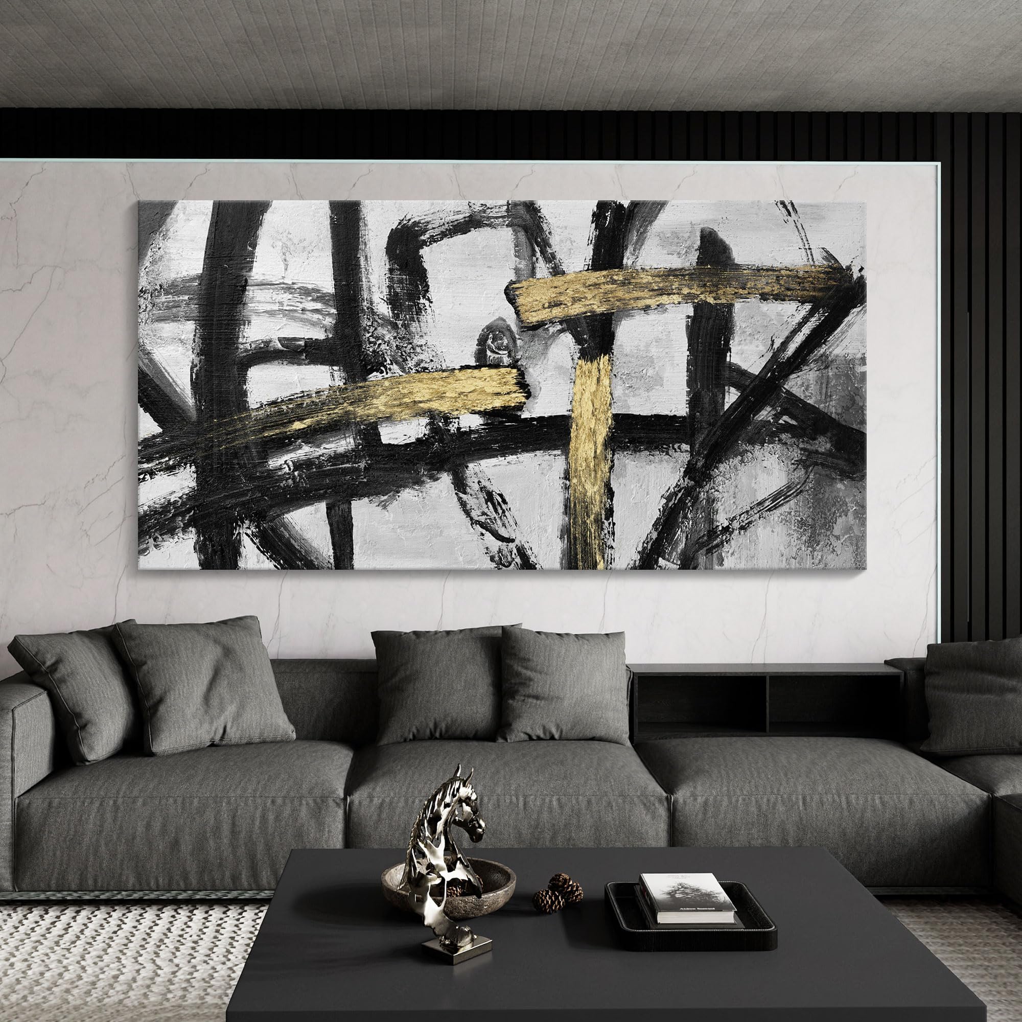 Abstract Wall Art Painting - Large Black White Gold Ink Dancing Canvas Print for Living Room, Bedroom, Dining Room & Office Decor (29x58 inches) - Modern Home Decor for Stylish Interiors & Gift Ideas