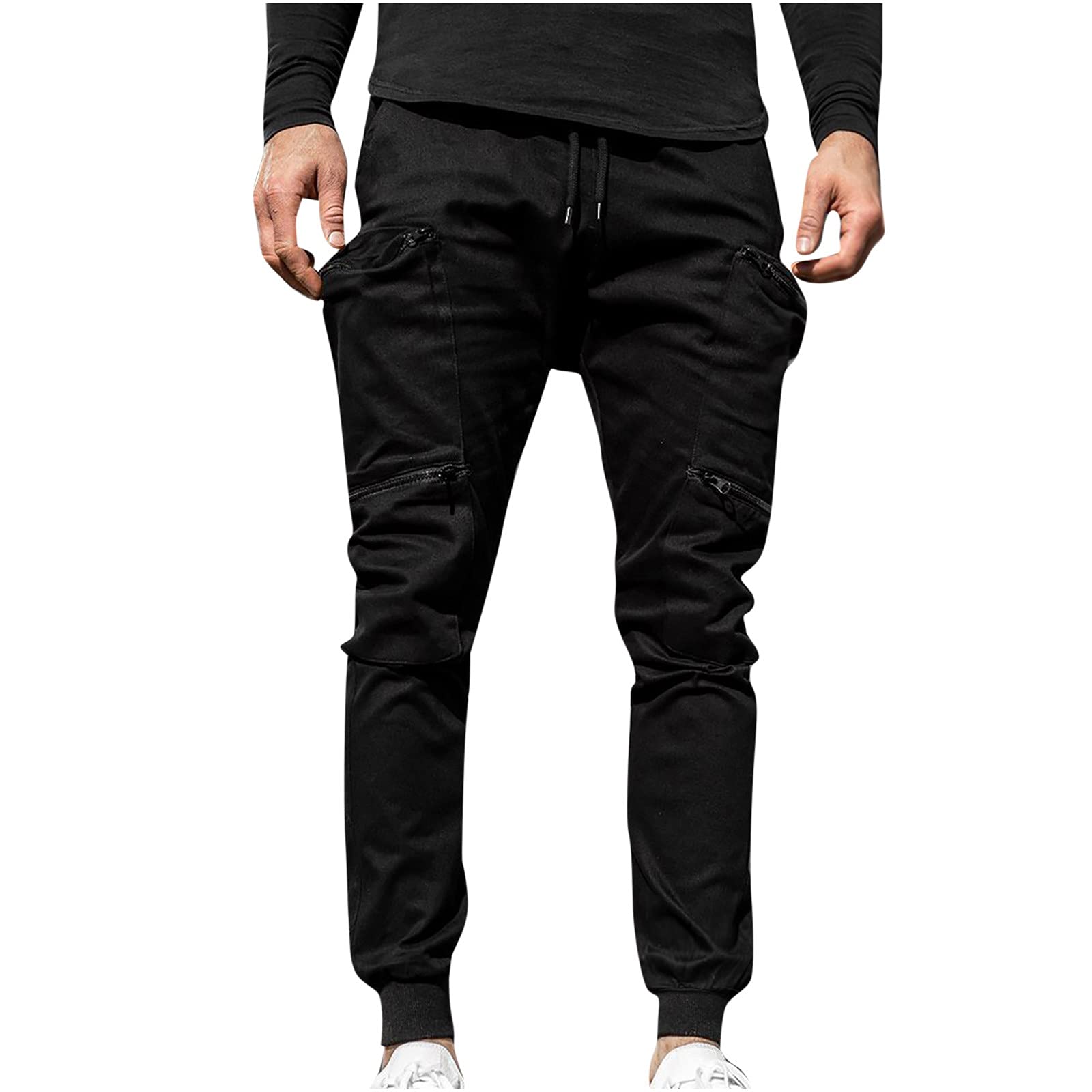 Men's Slim Fit Cargo Pants with Zipper Pockets - Solid Color Tapered Joggers, Y2K Style Athletic Track Pants for Workout, Hiking & Streetwear Fashion