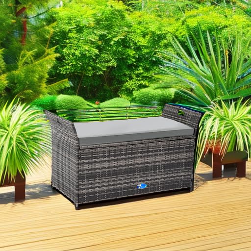 YITAHOME 90 Gallon Outdoor Wicker Storage Bench with Cushion - Large PE Rattan Deck Box with Handles & Hydraulic Lid - Perfect for Patio Furniture Storage, Garden Tools, Pool Accessories & Sports Equipment (Gray) - Ideal for Backyard, Deck, Poolside & Outdoor Organization