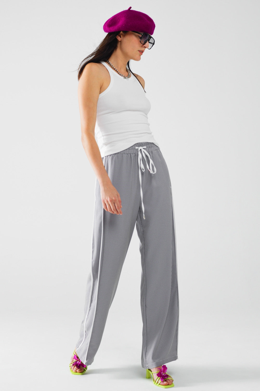 Black and White Vichy Palazzo Pants with Drawstring Waist - Comfortable Wide Leg Trousers for Women, Perfect for Casual Wear, Office, and Summer Outfits