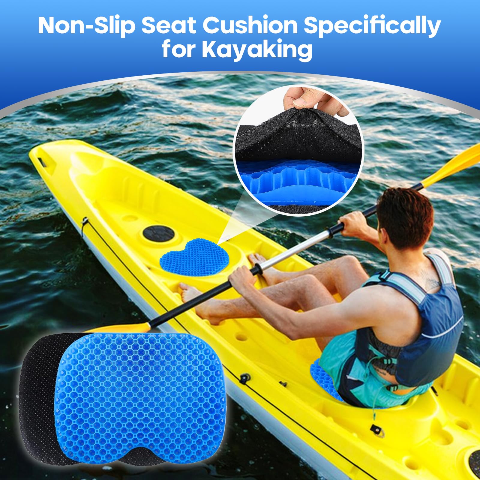 Non-Slip Kayak Seat Cushion with Waterproof Cover - Comfortable Gel Kayak Seat Pad for Inflatable Kayaks, Canoes & Fishing Boats - Ideal for Rowing, Fishing & Office Use (Blue)
